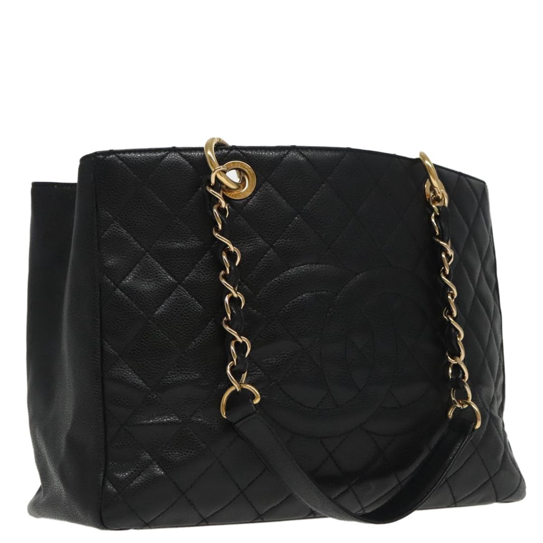 Chanel Quilted Calfskin Grand Shopping Tote Black Leather 33cm: Chanel Quilted Calfskin Grand Shopping Tote Black Leather 33cm This Chanel Grand Shopping Tote features black quilted calfskin leather, designed for women. The tote offers spacious functionality with