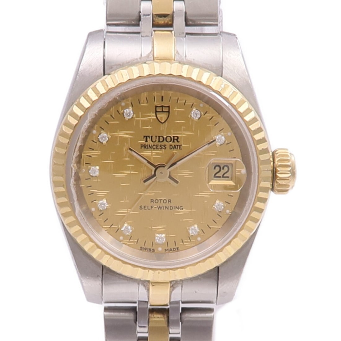 TUDOR Princess Date 92413 Diamond Dial 18K Gold and Steel Automatic Wristwatch: TUDOR Princess Date 92413 Diamond Dial 18K Gold and Steel Automatic Wristwatch This TUDOR Princess Date 92413 is a sophisticated wristwatch crafted from 18K yellow gold and stainless steel. Featuring