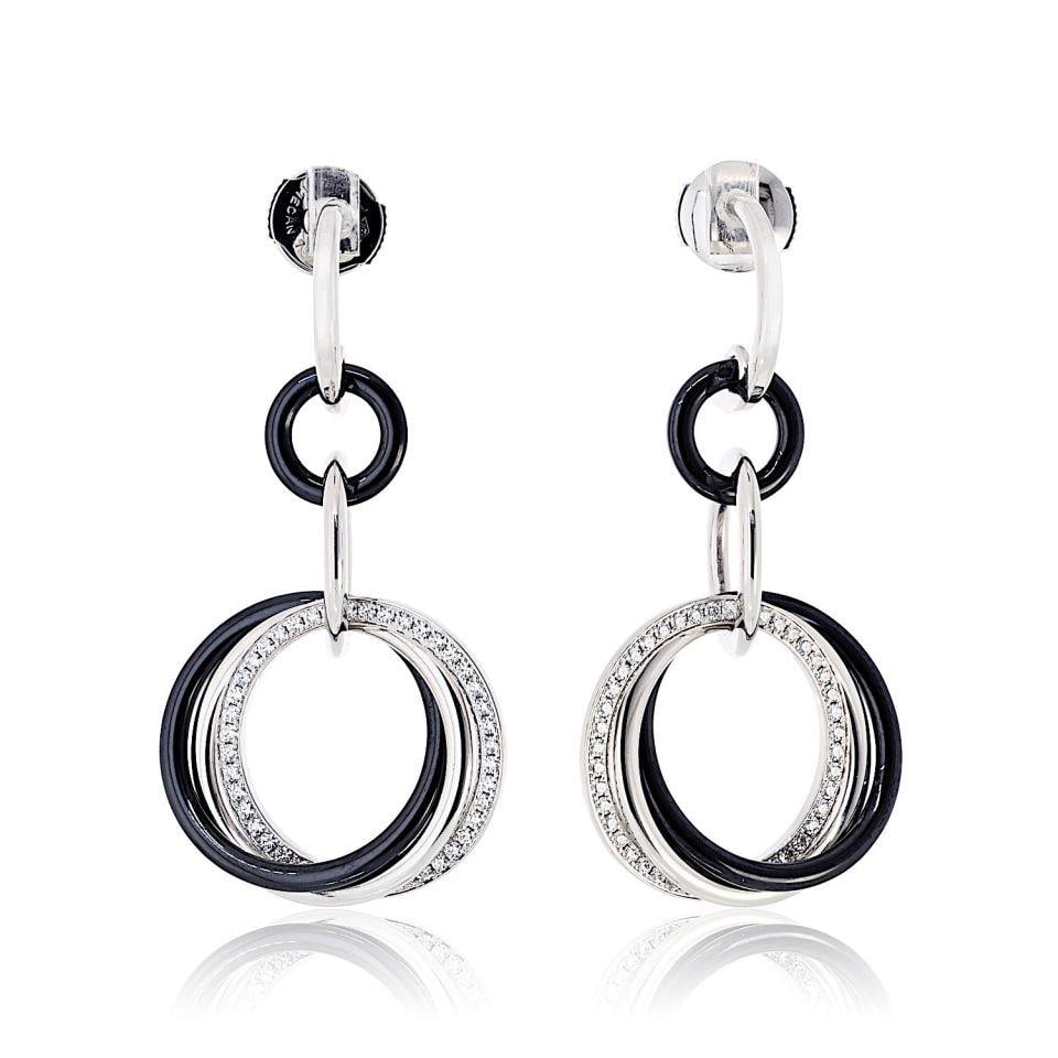 Cartier Trinity Dangle Earrings 18K White Gold Black Ceramic Diamond: Cartier Trinity Dangle Earrings 18K White Gold Black Ceramic Diamond These stunning Cartier Trinity dangle earrings are crafted in 18K white gold and feature a unique blend of materials, including sle