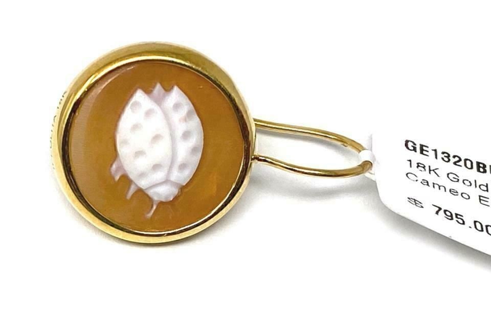Single Ippolita 18k Gold Shell Cameo Quartz Dangle Earring: Single Ippolita 18k Gold Shell Cameo Quartz Dangle Earring This single dangle/drop earring by Ippolita features a ladybug shell cameo set beneath clear quartz, elegantly mounted in 18k yellow gold. Th