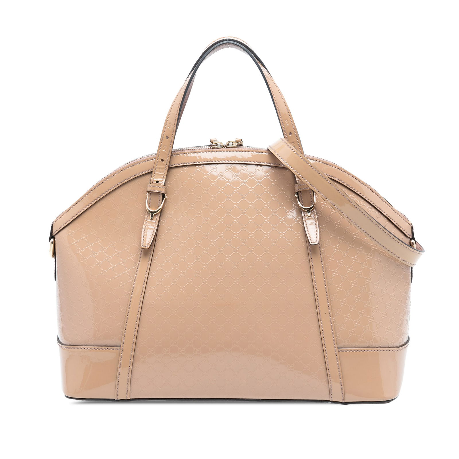 Gucci Microguccissima Brown Patent Leather Large Dome Satchel with Shoulder Strap: Gucci Microguccissima Brown Patent Leather Large Dome Satchel with Shoulder Strap This Gucci Large Microguccissima Patent Nice Dome Satchel features a glossy patent leather exterior in brown, flat lea