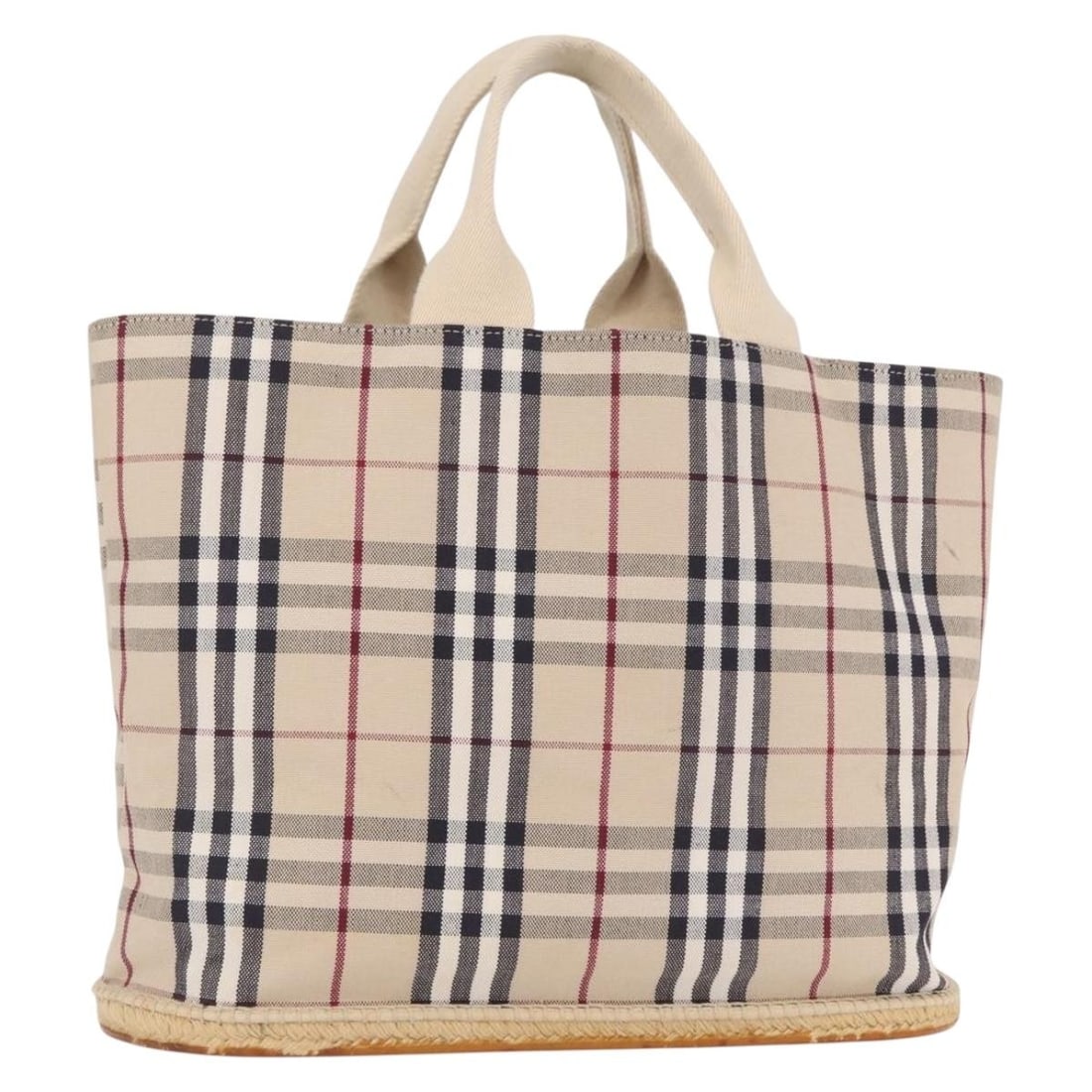 Beige Silver Canvas Nova Check Tote by Burberry: Beige Silver Canvas Nova Check Tote by Burberry This Burberry Nova Check tote bag features a classic canvas exterior in beige with silver accents. The spacious tote is designed with dual handles and o