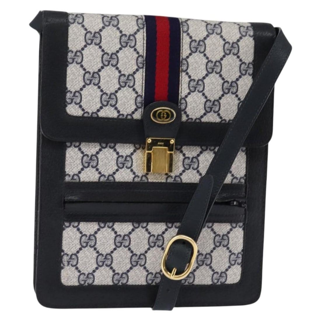 GUCCI GG Supreme Sherry Line Navy Gold Red Shoulder Bag PVC Authentic: GUCCI GG Supreme Sherry Line Navy Gold Red Shoulder Bag PVC Authentic Elevate your style with the GUCCI GG Supreme Sherry Line Shoulder Bag, crafted from durable PVC leather. This chic shoulder bag fe
