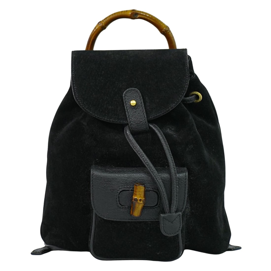 Gucci Bamboo Suede Backpack Black for Women 20cm by 23cm by 7cm: Gucci Bamboo Suede Backpack Black for Women 20cm by 23cm by 7cm This Gucci bamboo backpack is crafted from black suede and designed for women. It features a compact size suitable for everyday use. The