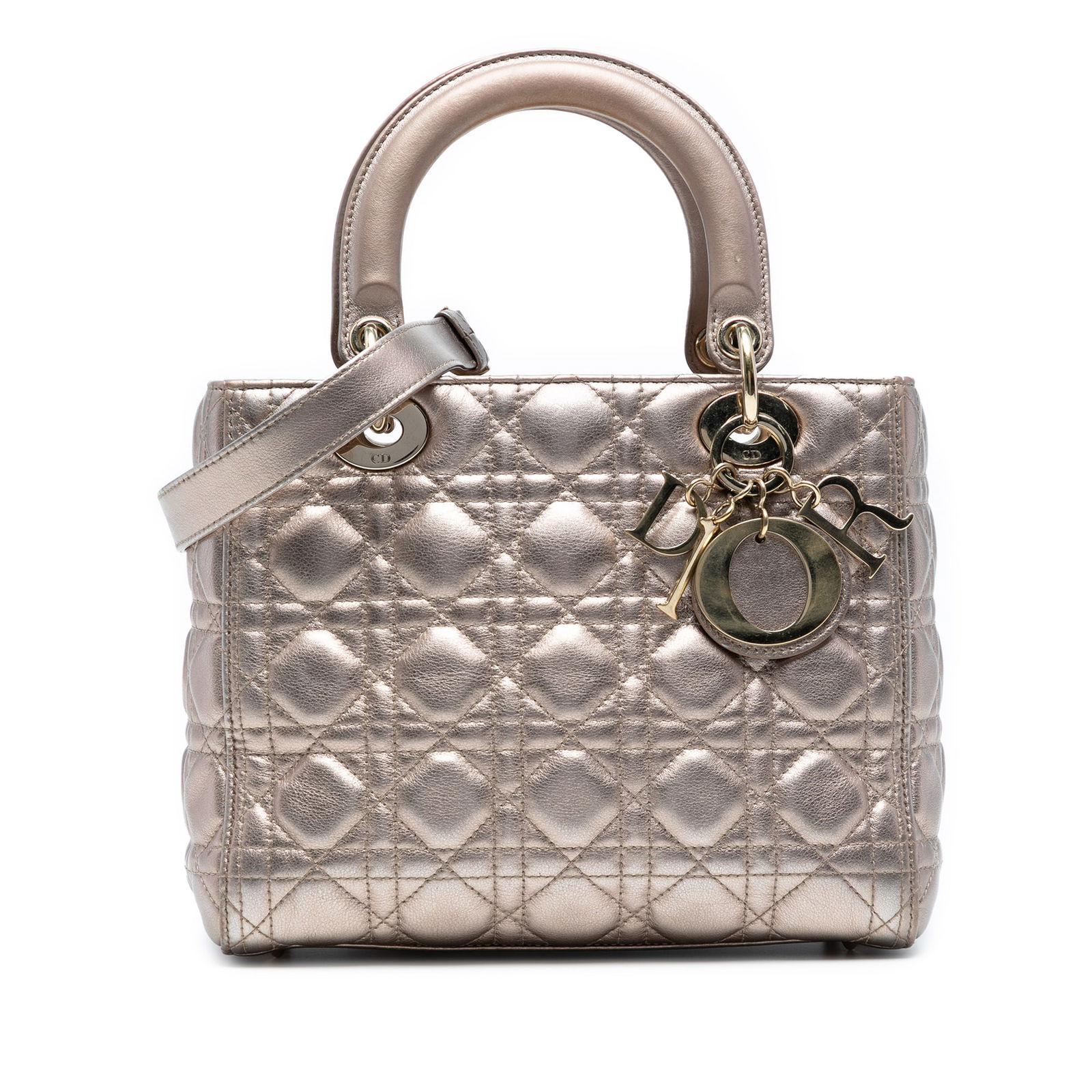 Dior Medium Metallic Lambskin Cannage Lady Dior Bag Gold: Dior Medium Metallic Lambskin Cannage Lady Dior Bag Gold The Medium Metallic Lambskin Cannage Lady Dior showcases exquisite craftsmanship with its quilted lambskin leather body in a stunning gold hue.