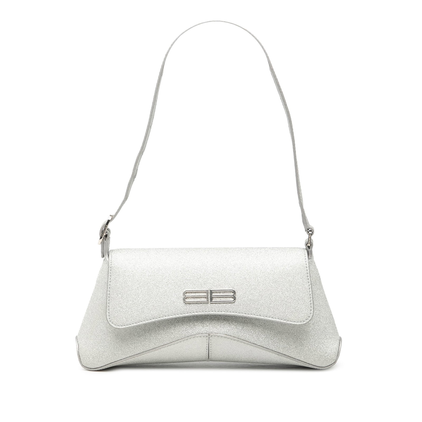 Balenciaga Silver Small XX Flap Crossbody Bag with Glitter Fabric: Balenciaga Silver Small XX Flap Crossbody Bag with Glitter Fabric This Balenciaga Small Glitter Fabric XX Flap crossbody bag features a sparkling fabric body in silver, an adjustable flat strap, a det