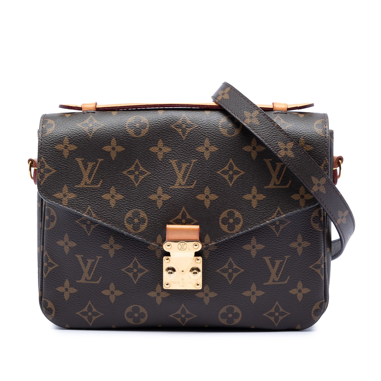 Pochette Metis Bag in Monogram Canvas with Leather Handle Brown: Pochette Metis Bag in Monogram Canvas with Leather Handle Brown This Louis Vuitton Monogram Pochette Metis features a monogram canvas body with a flat vachetta leather top handle, a detachable flat sh