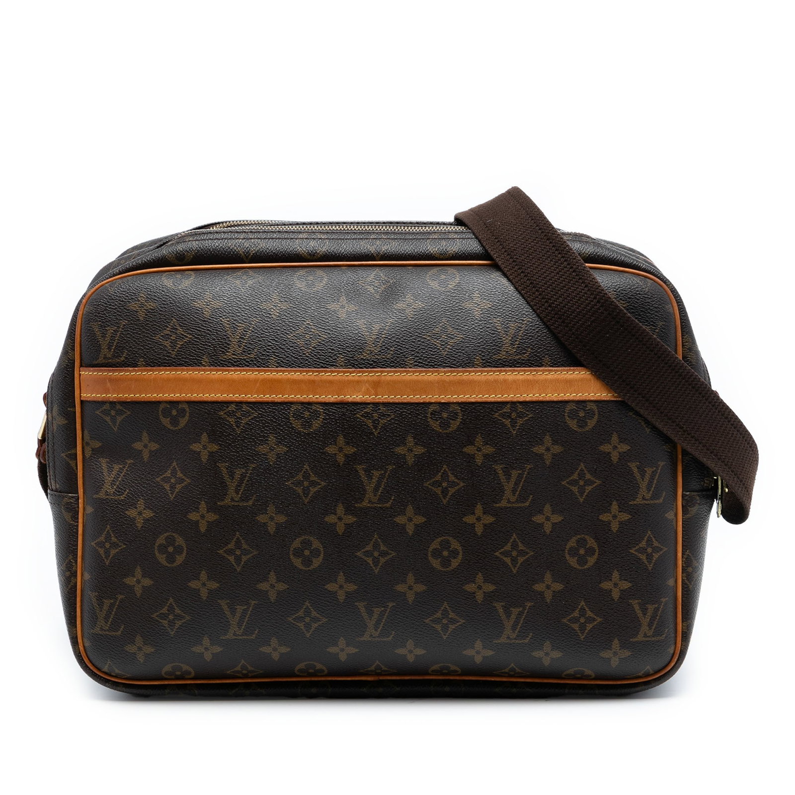 Louis Vuitton Reporter GM Brown Monogram Canvas Shoulder Bag with Dual Zip Compartments: Louis Vuitton Reporter GM Brown Monogram Canvas Shoulder Bag with Dual Zip Compartments The Louis Vuitton Monogram Reporter GM is crafted from signature monogram canvas with vachetta leather trim. Thi