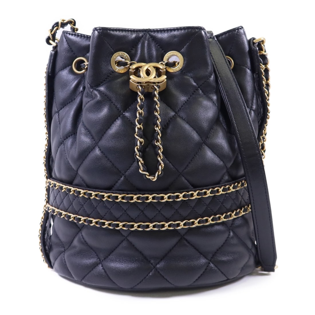 CHANEL Black Lambskin CC Bucket Bag with Gold Hardware: CHANEL Black Lambskin CC Bucket Bag with Gold Hardware This CHANEL shoulder bag is crafted from black lambskin leather and features the iconic CC detail. Designed in a bucket style, it offers both ele