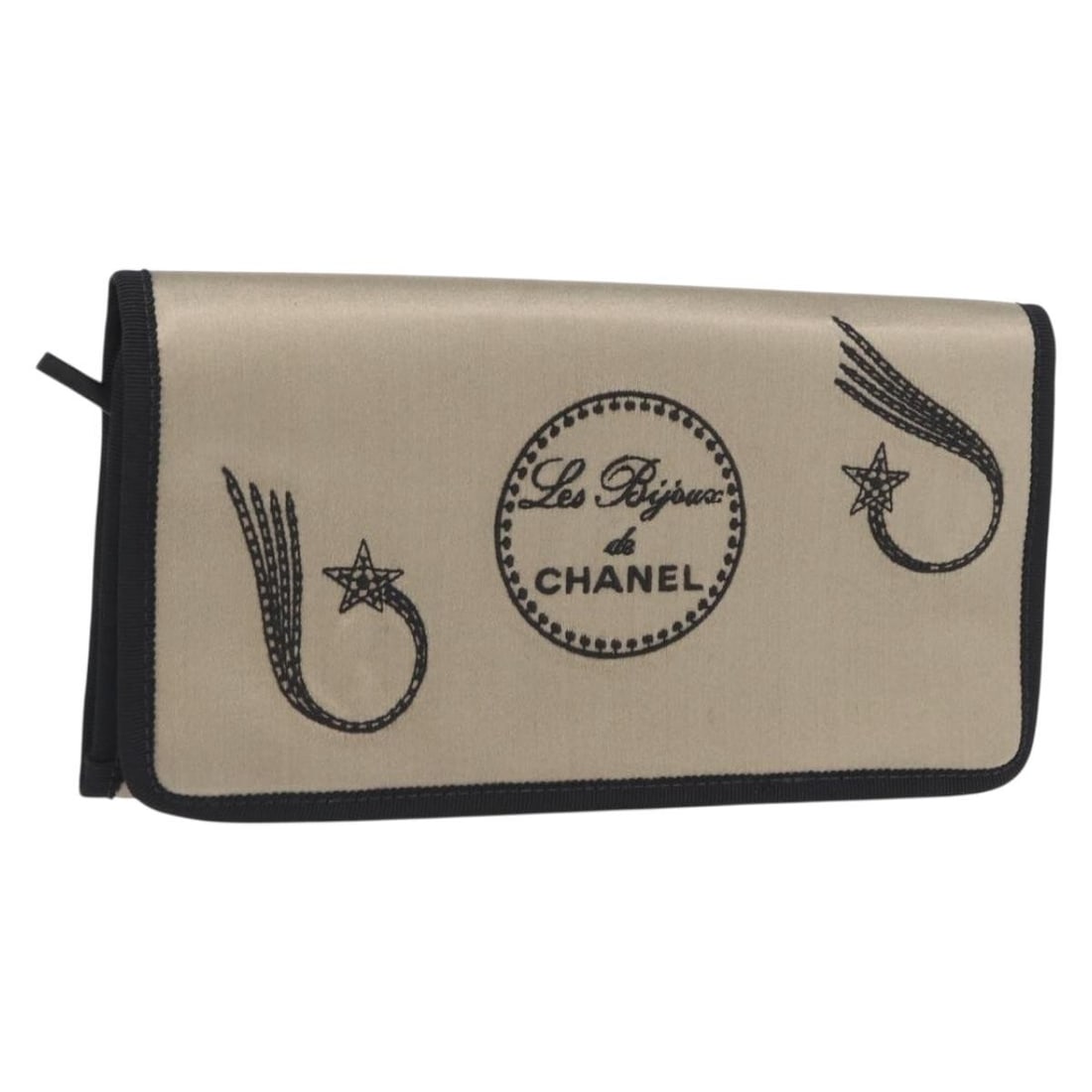 Gold Satin CHANEL CC Logo Jewelry Pouch with Box and Card: Gold Satin CHANEL CC Logo Jewelry Pouch with Box and Card This CHANEL jewelry pouch features a gold satin exterior and is designed for storing jewelry or small accessories. The pouch is in excellent,