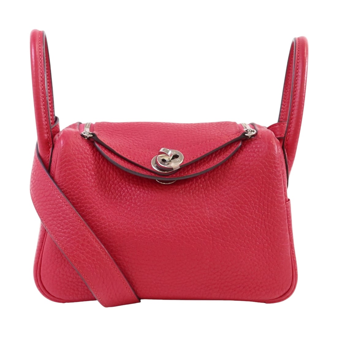 Hermes Mini Lindy Red Togo Leather Shoulder Bag with Palladium Hardware: Hermes Mini Lindy Red Togo Leather Shoulder Bag with Palladium Hardware This Hermes Mini Lindy shoulder bag is crafted from Togo calfskin leather in a striking red color. Featuring a regular size, it