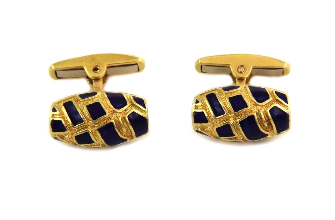 Elegant 18k Yellow Gold Mosaic Cufflinks with Cobalt Blue Enamel: Elegant 18k Yellow Gold Mosaic Cufflinks with Cobalt Blue Enamel Elevate your formal attire with this exquisite pair of cufflinks, meticulously crafted from 18k yellow gold. Featuring a captivating co