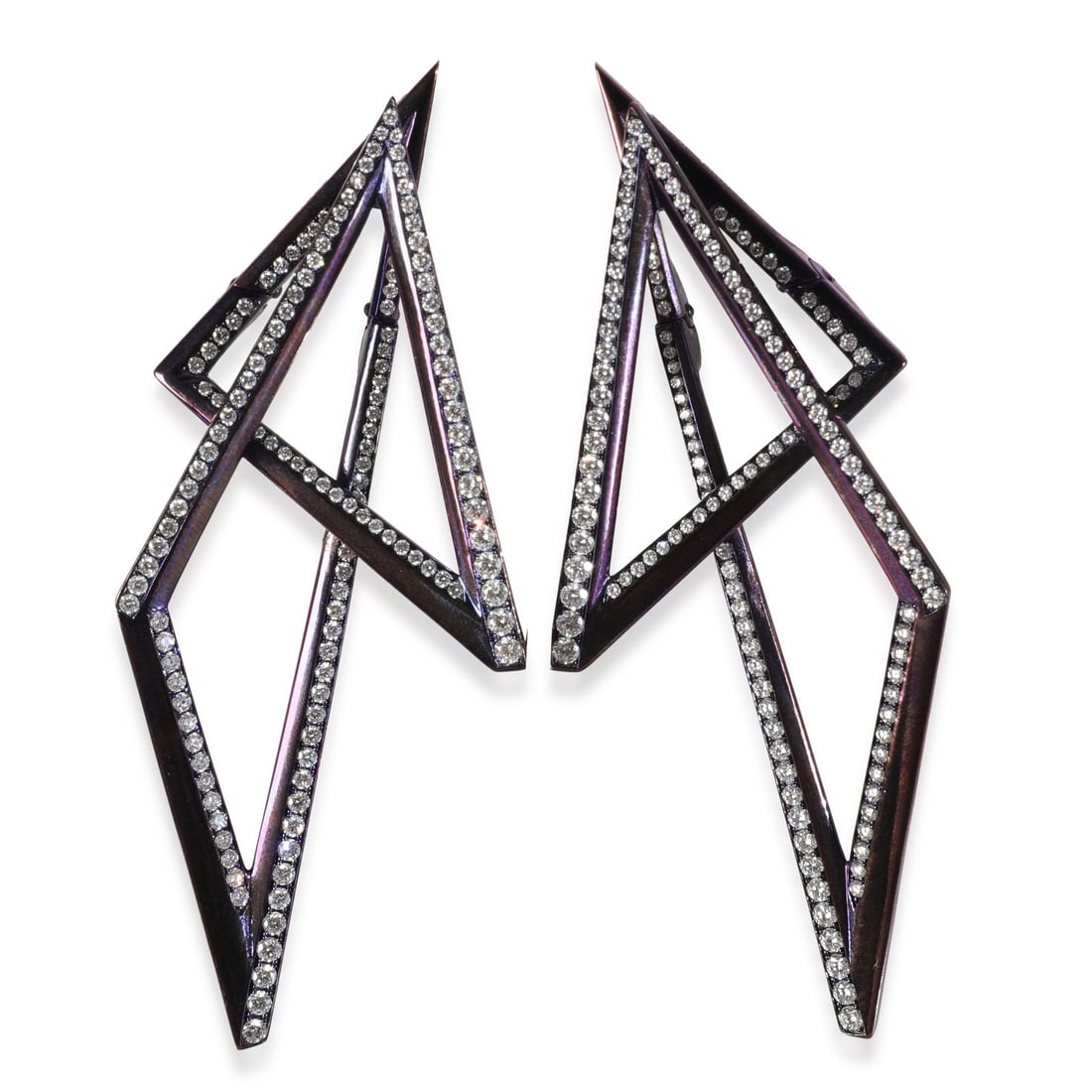 Vertigo Infinity Diamond Earrings in Purple Titanium by Stephen Webster: Vertigo Infinity Diamond Earrings in Purple Titanium by Stephen Webster These Stephen Webster Vertigo Infinity earrings feature a striking design crafted from titanium with a vibrant purple finish. Hi