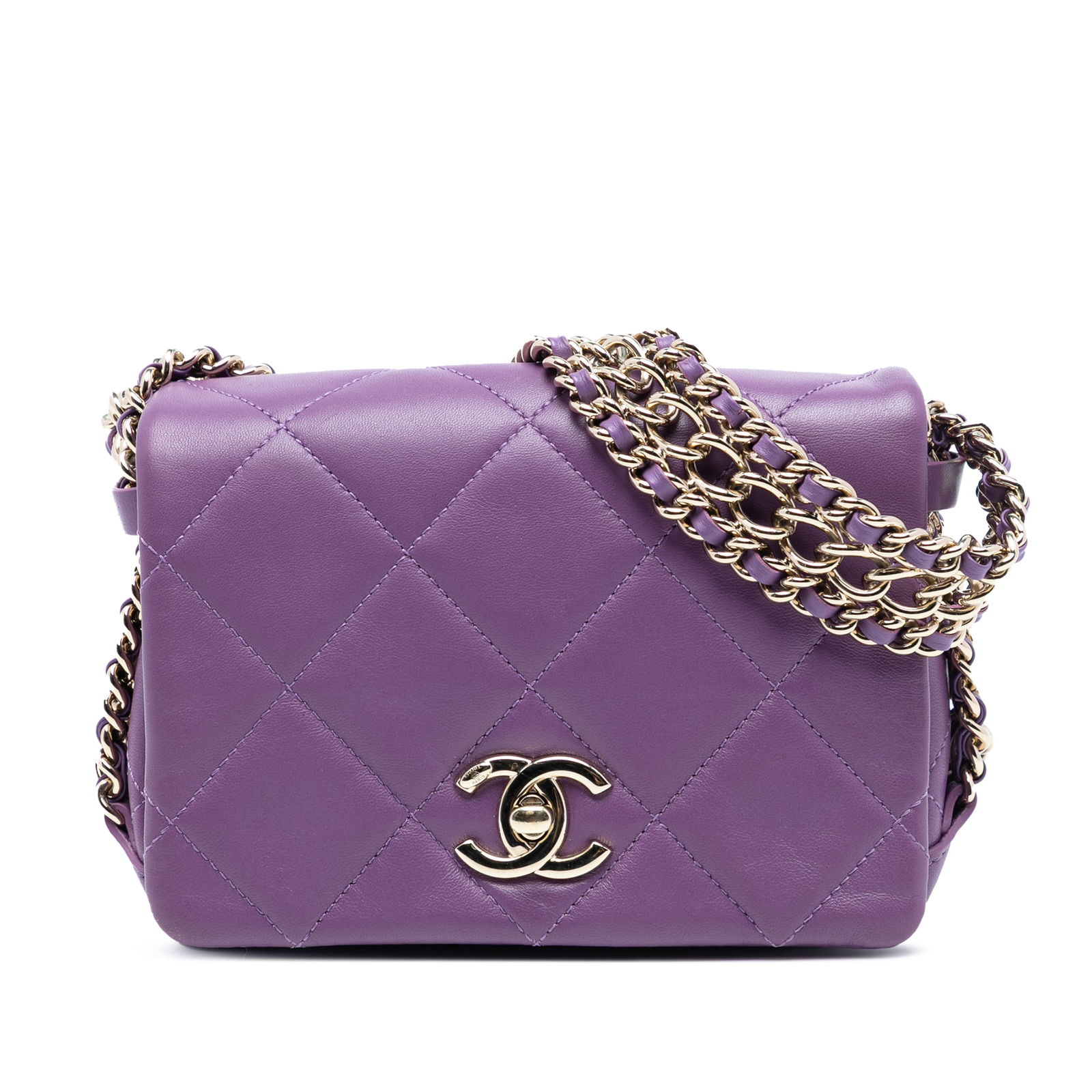 Chanel Mini Purple Quilted Lambskin Triple Chain Shoulder Bag: Chanel Mini Purple Quilted Lambskin Triple Chain Shoulder Bag This Chanel Mini Lambskin Triple Chain Full Flap shoulder bag features a quilted lambskin leather body in purple, triple leather-woven cha