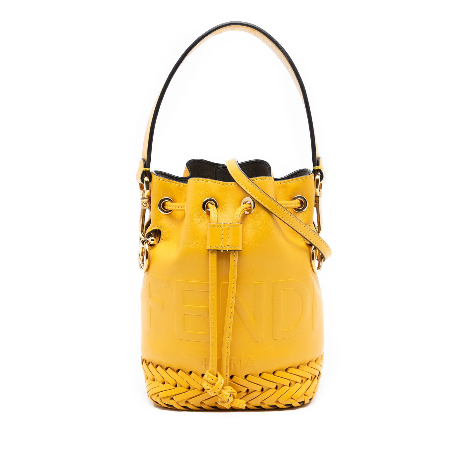 Fendi Mon Tresor Mini Yellow Leather Bucket Bag with Whipstitch Detail: Fendi Mon Tresor Mini Yellow Leather Bucket Bag with Whipstitch Detail This Fendi Mini Embossed Leather Whipstitch Mon Tresor Bucket Bag features a yellow leather body with whipstitch detailing, a fla