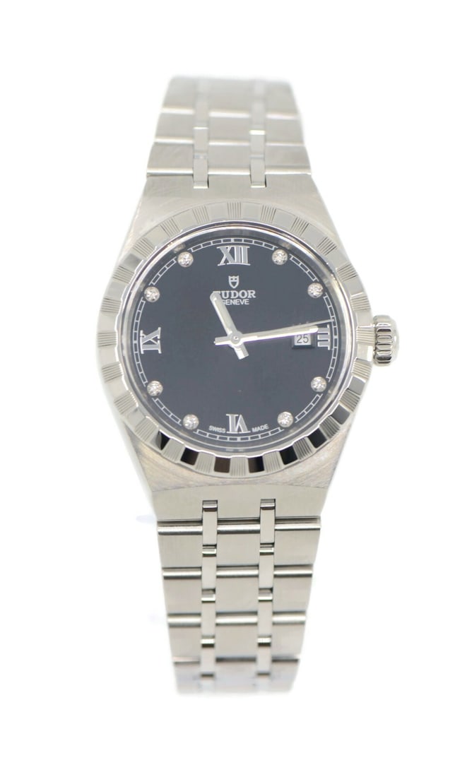 Tudor Royal 28300 Automatic Black Dial Diamond 28mm Stainless Steel Wristwatch: Tudor Royal 28300 Automatic Black Dial Diamond 28mm Stainless Steel Wristwatch This Tudor Royal Diamond wristwatch features a 28mm stainless steel case and a matching stainless steel band. The watch h