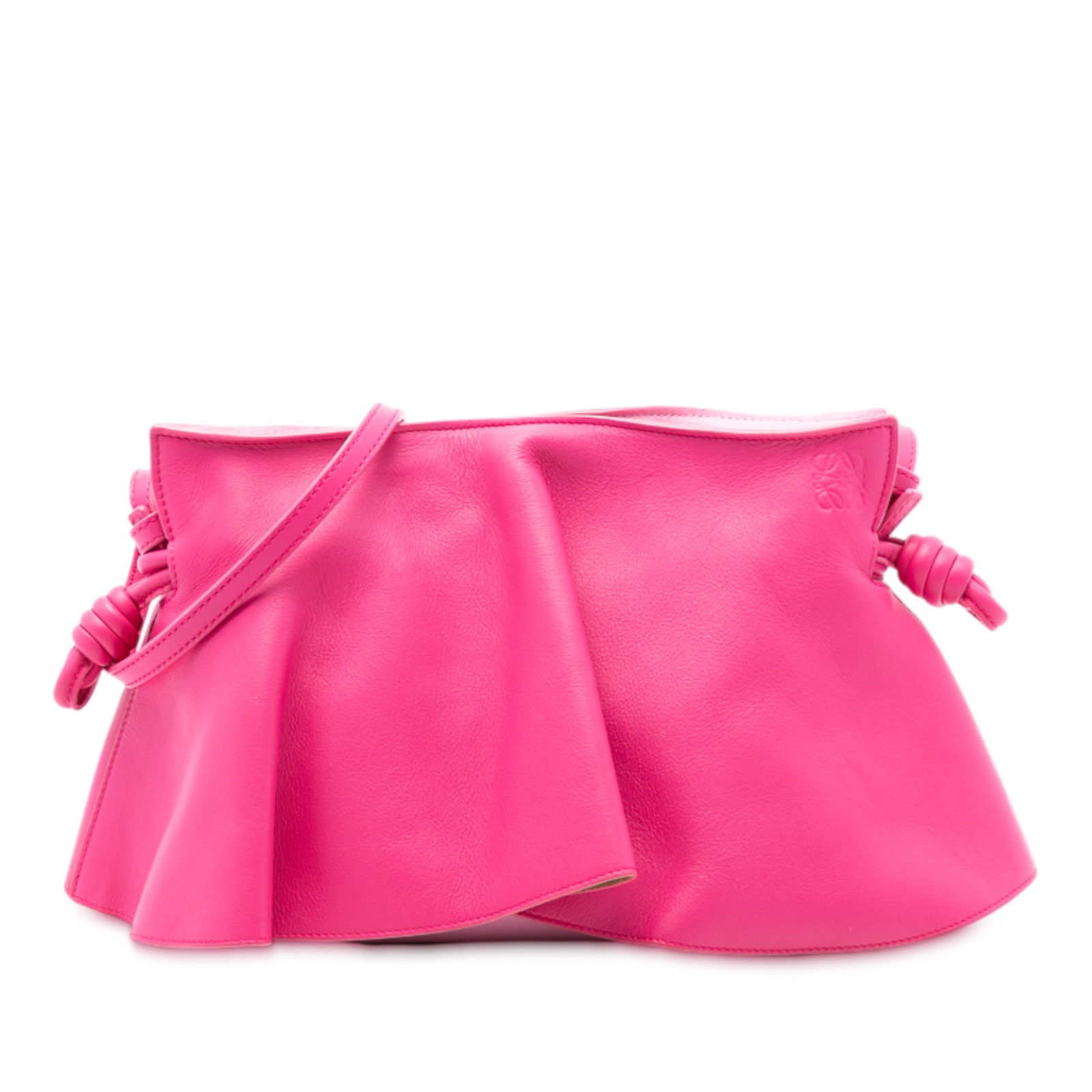 Paula Ibiza Mini Petal Pink Leather Crossbody by LOEWE: Paula Ibiza Mini Petal Pink Leather Crossbody by LOEWE This LOEWE Paula Ibiza Mini Petal Flamenco Knot crossbody bag is crafted from nappa leather in pink. It features an adjustable flat leather strap