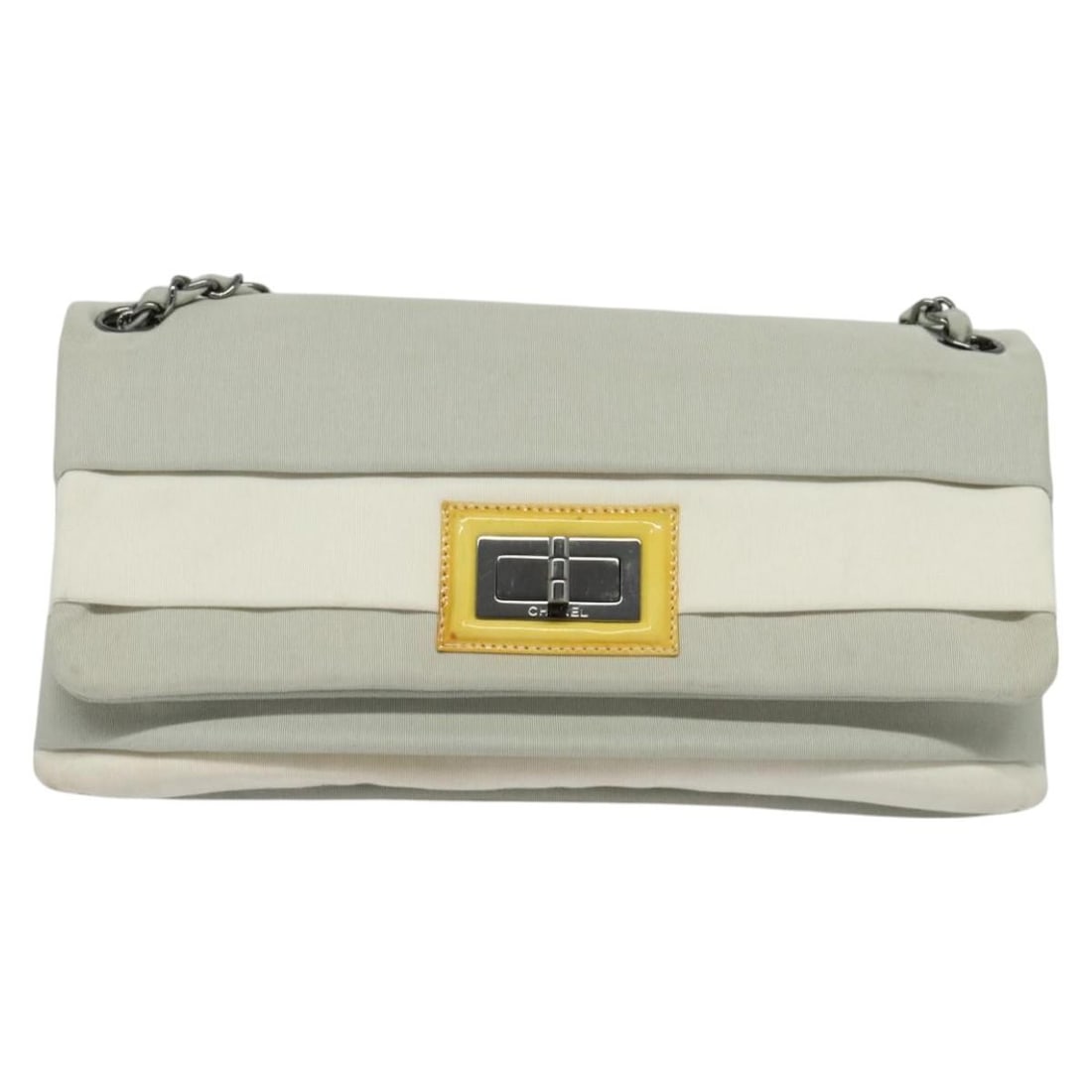 Gray Nylon Chanel Mademoiselle Flap Shoulder Bag 29cm: Gray Nylon Chanel Mademoiselle Flap Shoulder Bag 29cm This Chanel Mademoiselle Flap Bag is crafted from gray nylon with metal fittings. Designed for women, it features a shoulder strap and flap closur