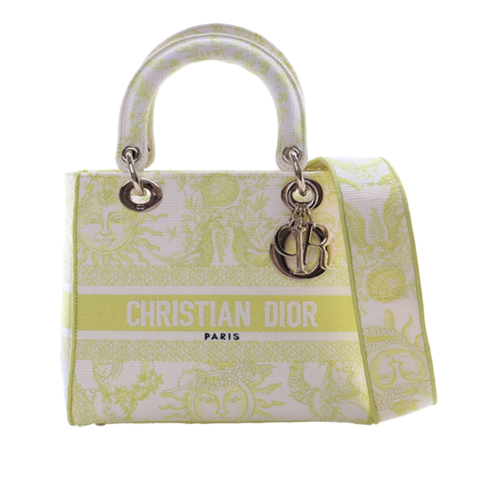 Medium Lady D Lite Bag Dior Toile de Jouy Soleil Embroidered Canvas: Medium Lady D Lite Bag Dior Toile de Jouy Soleil Embroidered Canvas This Dior Medium Lady D-Lite bag features the Toile de Jouy Soleil motif in embroidered canvas. It is designed with flat canvas hand