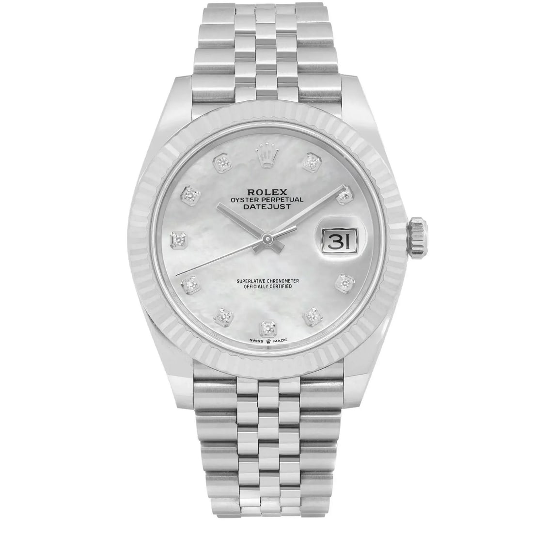 Mother of Pearl Diamond Dial Datejust 41 Jubilee 126334 Wristwatch: Mother of Pearl Diamond Dial Datejust 41 Jubilee 126334 Wristwatch This Rolex Datejust 41 wristwatch features a 41 mm stainless steel case with a fluted fixed 18K white gold bezel. The watch is equipp