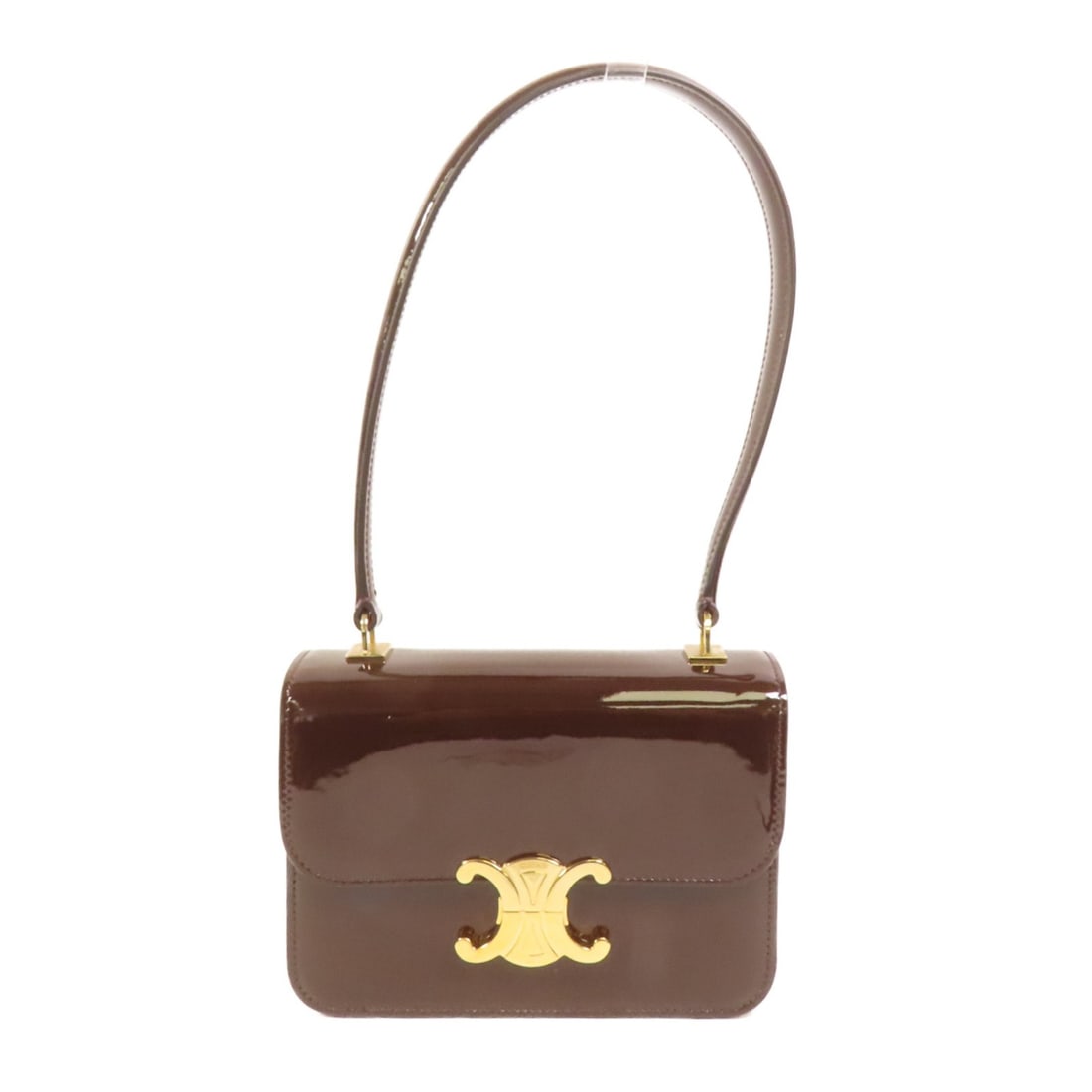 Celine Teen Garance Brown Patent Leather Handbag with Gold Hardware: Celine Teen Garance Brown Patent Leather Handbag with Gold Hardware This Celine Teen Garance handbag features brown patent leather with gold-tone hardware and a structured silhouette. Crafted in Franc