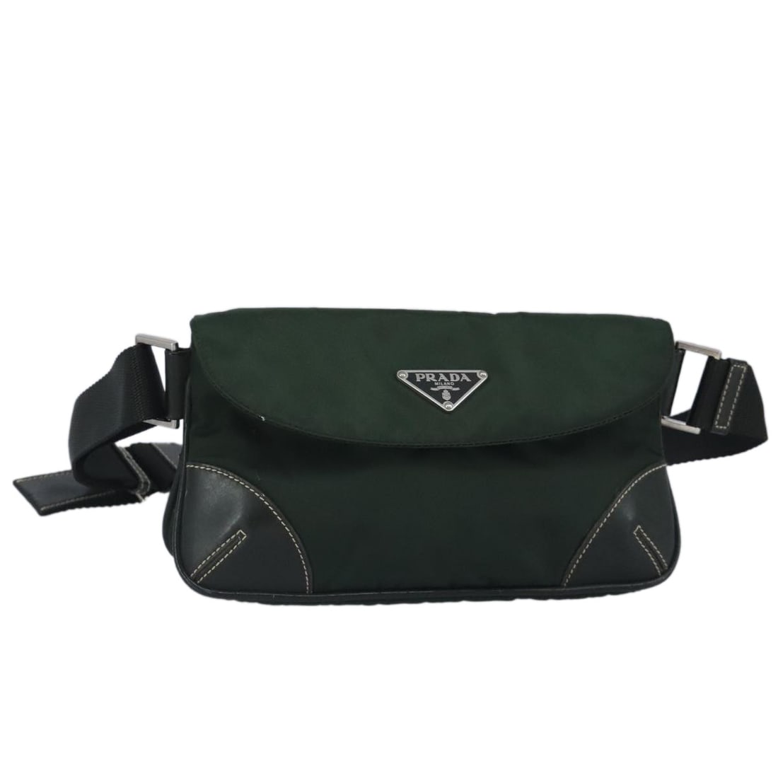 Prada Unisex Nylon Leather Waist Bag Khaki 22cm by 12cm by 2cm: Prada Unisex Nylon Leather Waist Bag Khaki 22cm by 12cm by 2cm This Prada waist bag features a khaki nylon exterior with leather accents, designed for unisex use. It has a compact size suitable for ca