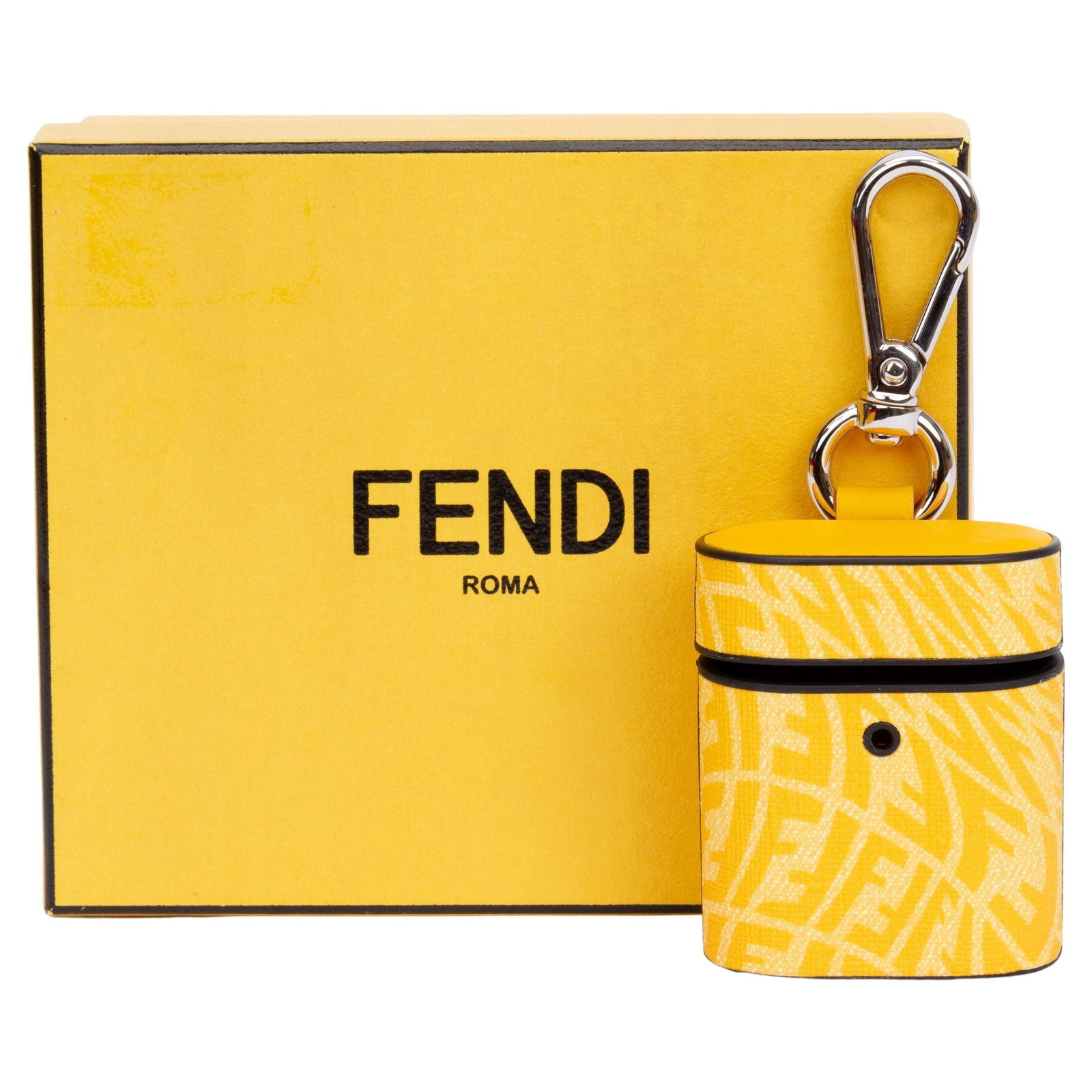 Fendi Vertigo Yellow Air Pods Charm for Bags: Fendi Vertigo Yellow Air Pods Charm for Bags Enhance your accessory collection with this stunning Fendi Air Pods Charm in a vibrant vertigo yellow print. Designed to effortlessly attach to bags of var