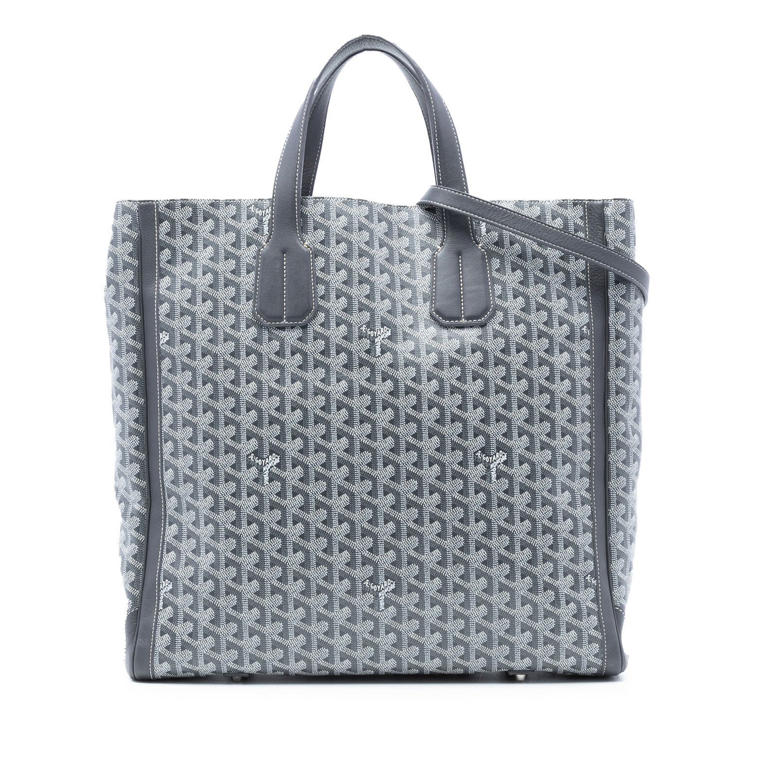 Goyard Goyardine Voltaire Gray Coated Canvas Bag with Repainted Strap: Goyard Goyardine Voltaire Gray Coated Canvas Bag with Repainted Strap Introducing the Goyardine Voltaire, a sophisticated bag crafted from high-quality coated canvas with luxurious leather trim. This