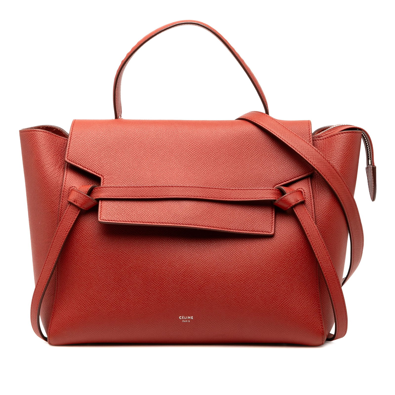 Celine Mini Belt Bag in Grained Calfskin Leather Red: Celine Mini Belt Bag in Grained Calfskin Leather Red This Celine Mini Grained Calfskin Belt Bag features a textured leather exterior in red with a flat leather handle, a detachable leather strap, a to