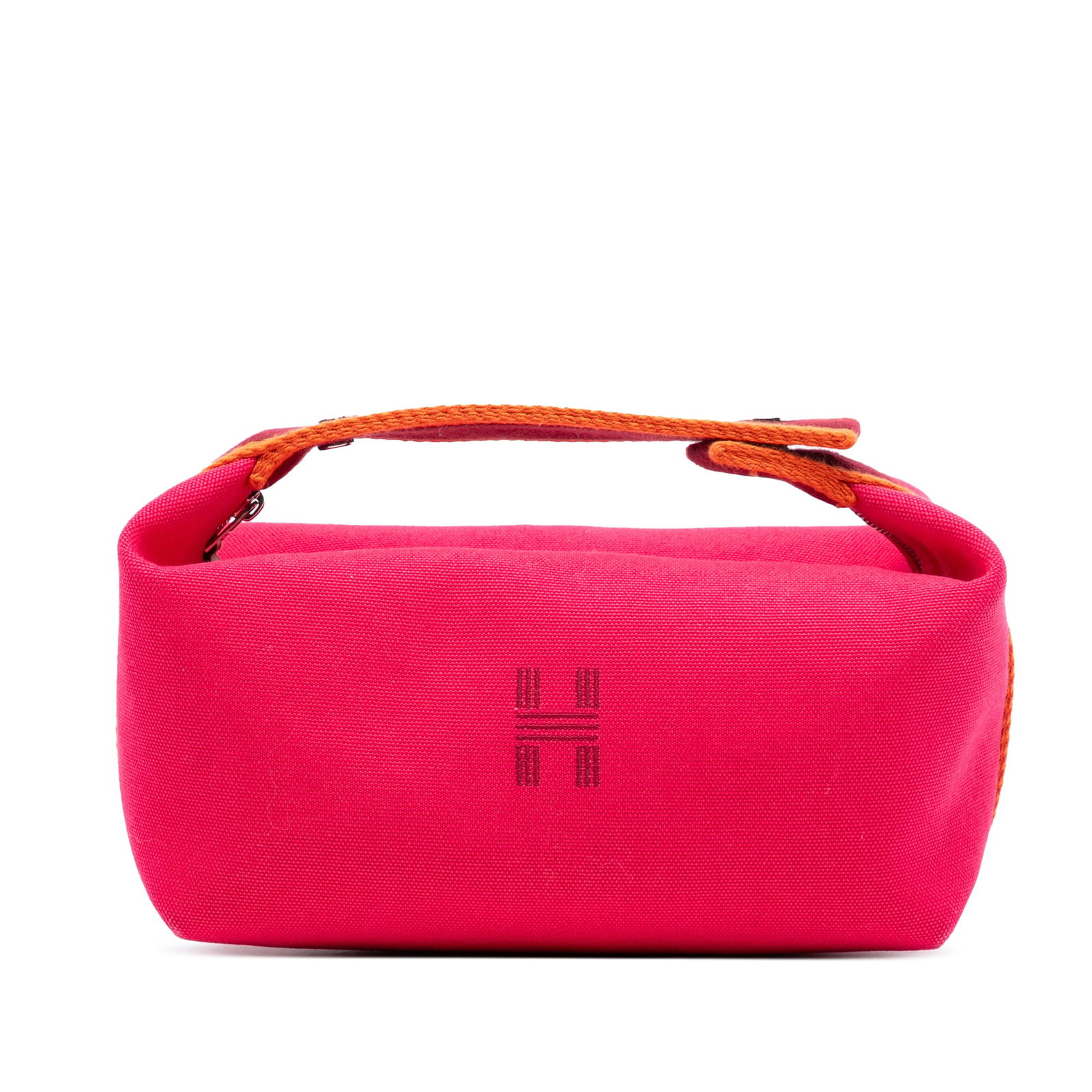 Hermes Bride-A-Brac Small Canvas Pouch with Top Zipper and Handle: Hermes Bride-A-Brac Small Canvas Pouch with Top Zipper and Handle This Hermes Small Toile Bride-A-Brac Case features a pink canvas body with a flat handle, a top zip closure, and interior slip pockets