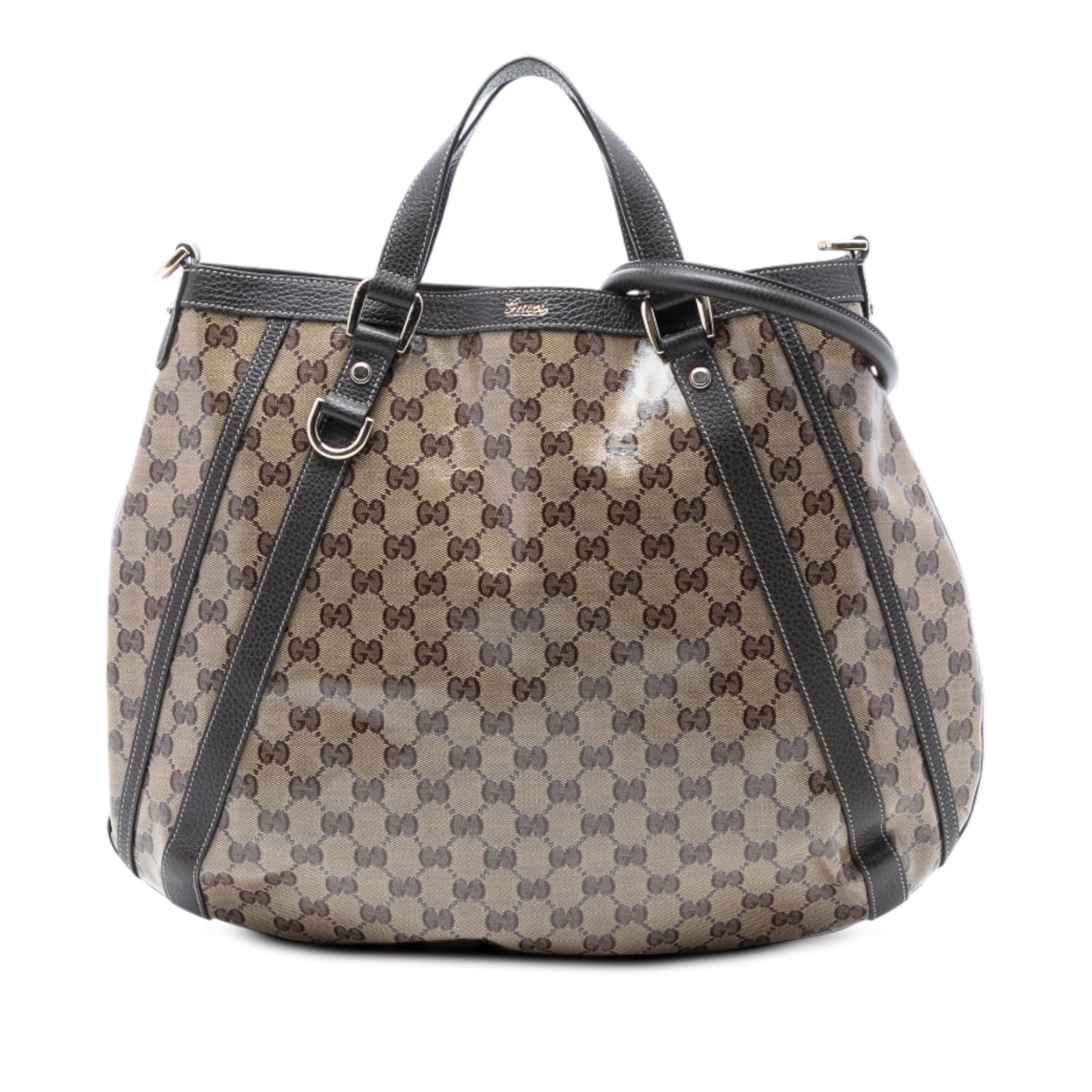 Gucci Abbey GG Crystal D Ring Brown Coated Canvas Convertible Tote Bag: Gucci Abbey GG Crystal D Ring Brown Coated Canvas Convertible Tote Bag This Gucci GG Crystal Abbey D Ring Convertible Tote features a coated canvas body with leather trim, flat leather handles, a deta