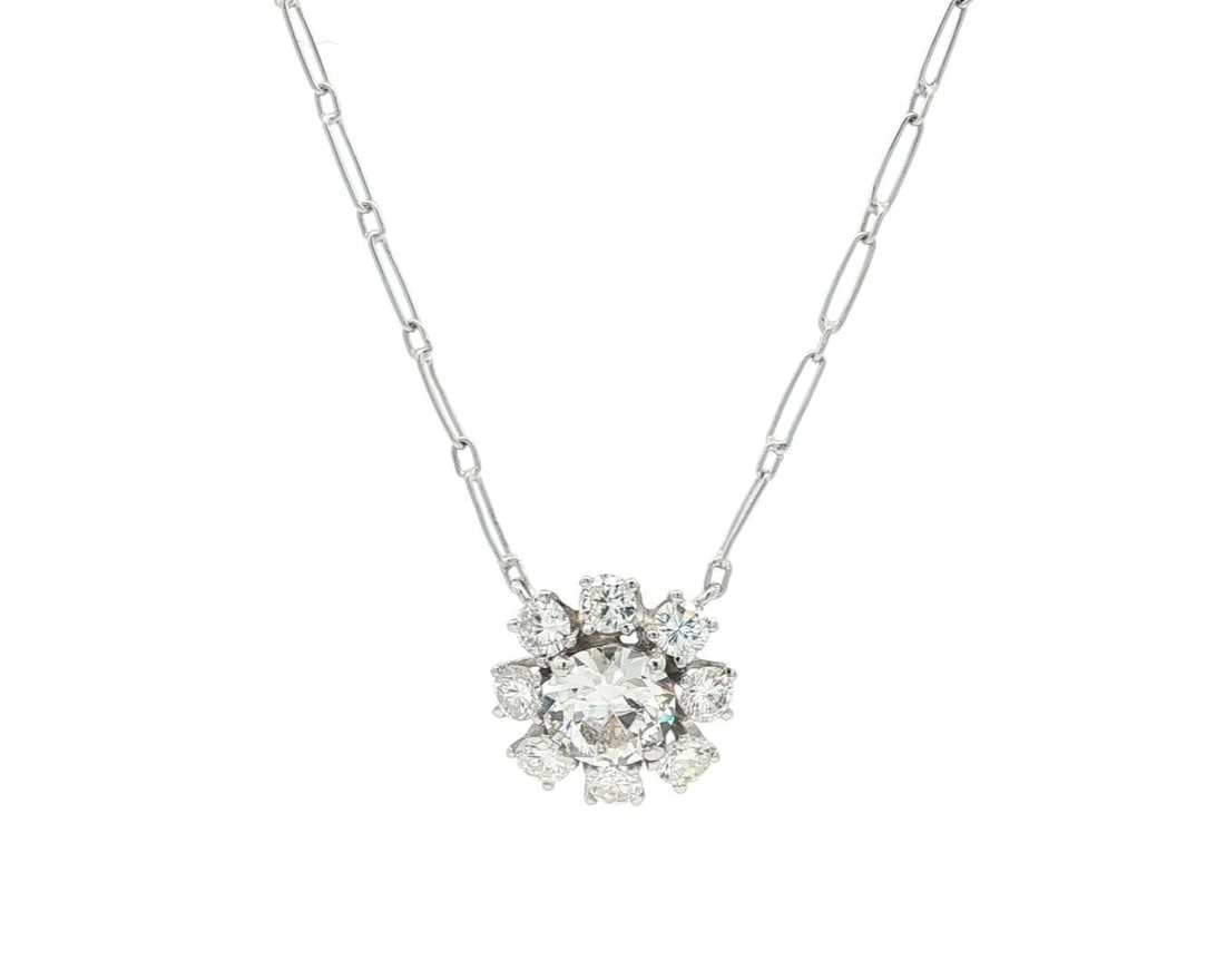 Vintage Platinum Gold 1.63ctw Diamond Flower Pendant Necklace: Vintage Platinum Gold 1.63ctw Diamond Flower Pendant Necklace This exquisite vintage pendant features a stunning cluster of diamonds set in a combination of solid .900 platinum and 14k white gold, com