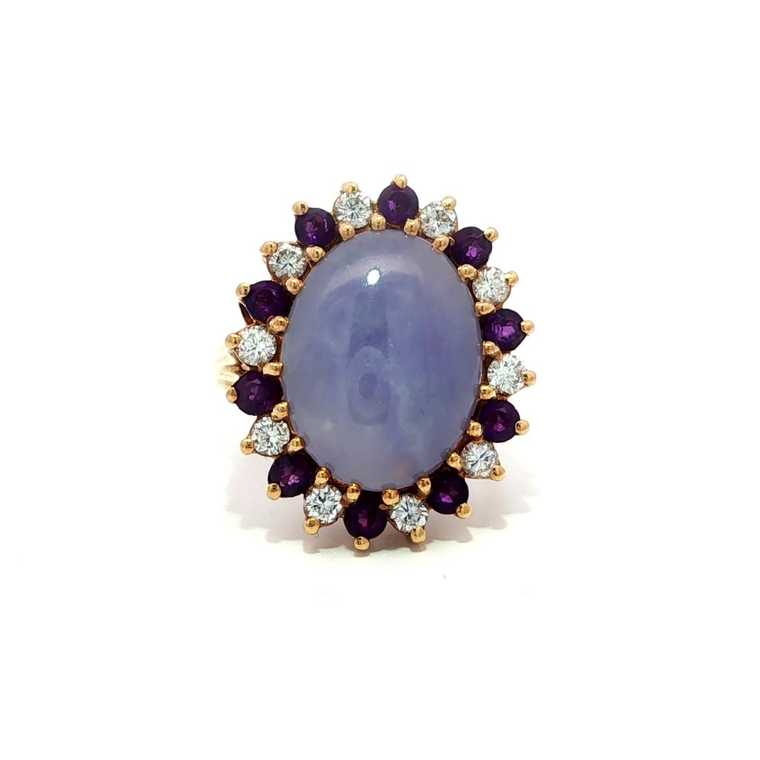 14k Yellow Gold Amethyst Diamond Halo Ring with Lavender Jade: 14k Yellow Gold Amethyst Diamond Halo Ring with Lavender Jade This stunning cocktail ring features a captivating design with a central natural lavender purple jade stone, elegantly surrounded by alter