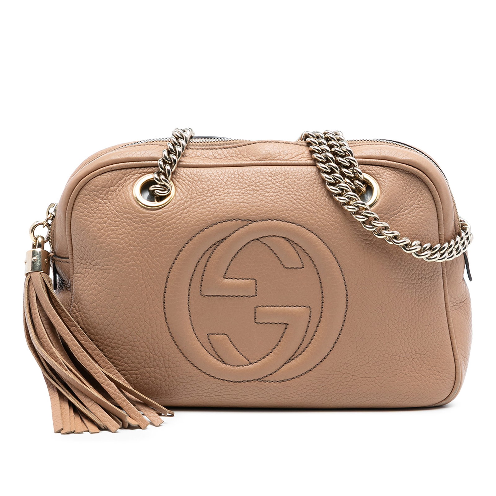 Gucci Soho Chain Shoulder Bag in Pebbled Leather with Zip Top: Gucci Soho Chain Shoulder Bag in Pebbled Leather with Zip Top This Gucci Pebbled Leather Soho Chain Zip Shoulder Bag features a brown leather exterior with curb chain link shoulder straps and a top zi