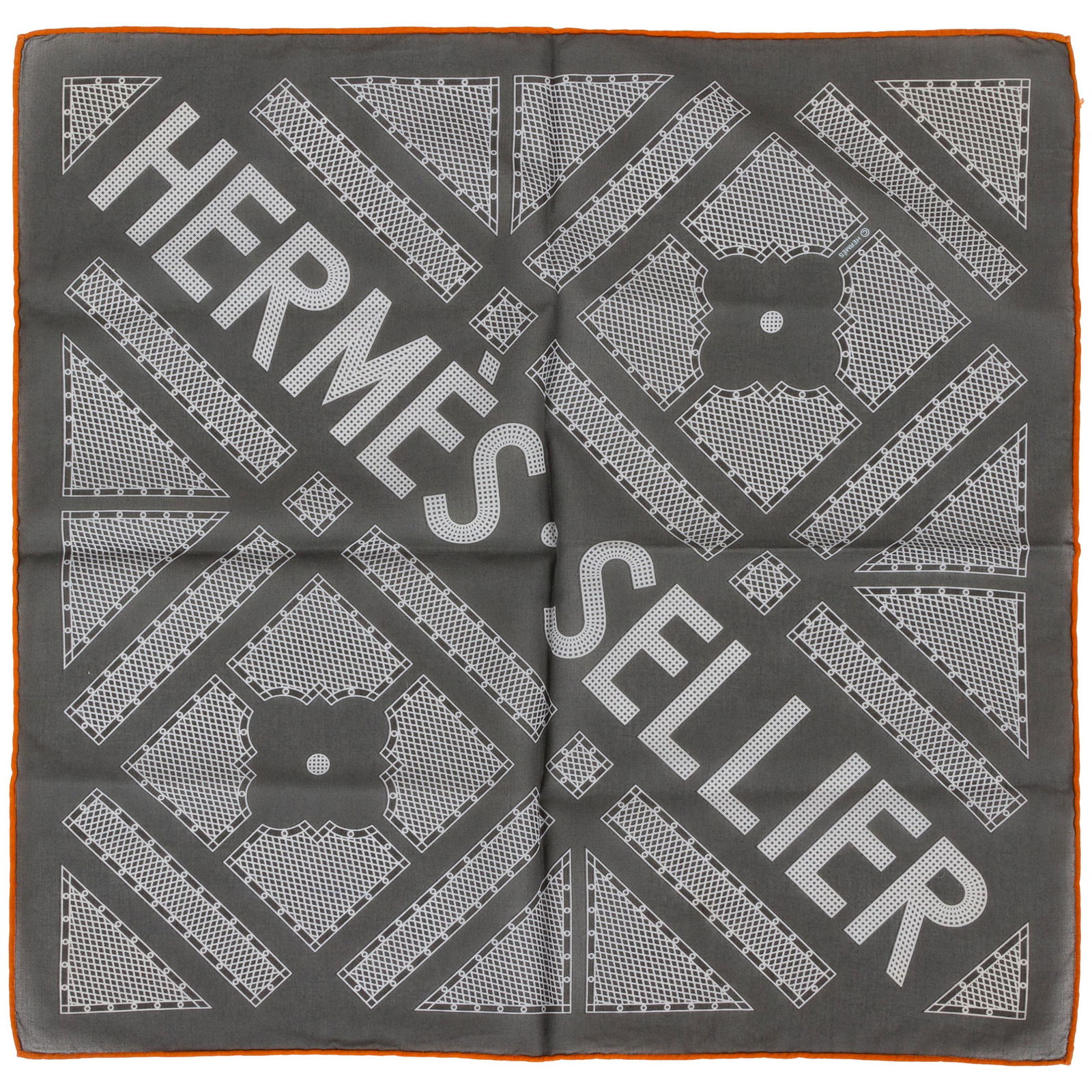 Hermes Grey Cotton Pochette with Orange Piping 16.5 in: Hermes Grey Cotton Pochette with Orange Piping 16.5 in This exquisite pochette from Hermes showcases a modern geometric design in a chic grey color. Crafted from 100% cotton, it features hand rolled o