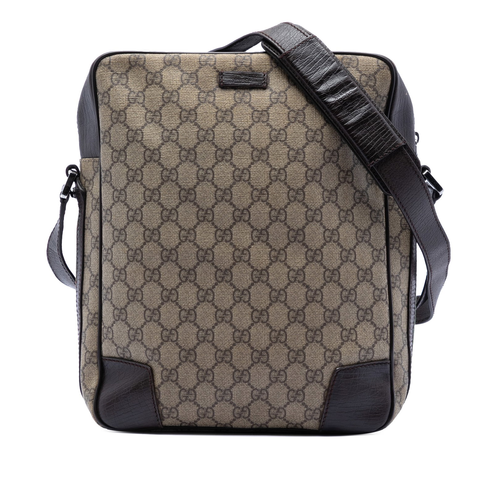Brown GG Supreme Web Crossbody Bag by Gucci with Adjustable Leather Strap: Brown GG Supreme Web Crossbody Bag by Gucci with Adjustable Leather Strap This Gucci GG Supreme Web Crossbody bag features a coated canvas body with brown coloring, an adjustable flat leather strap, a