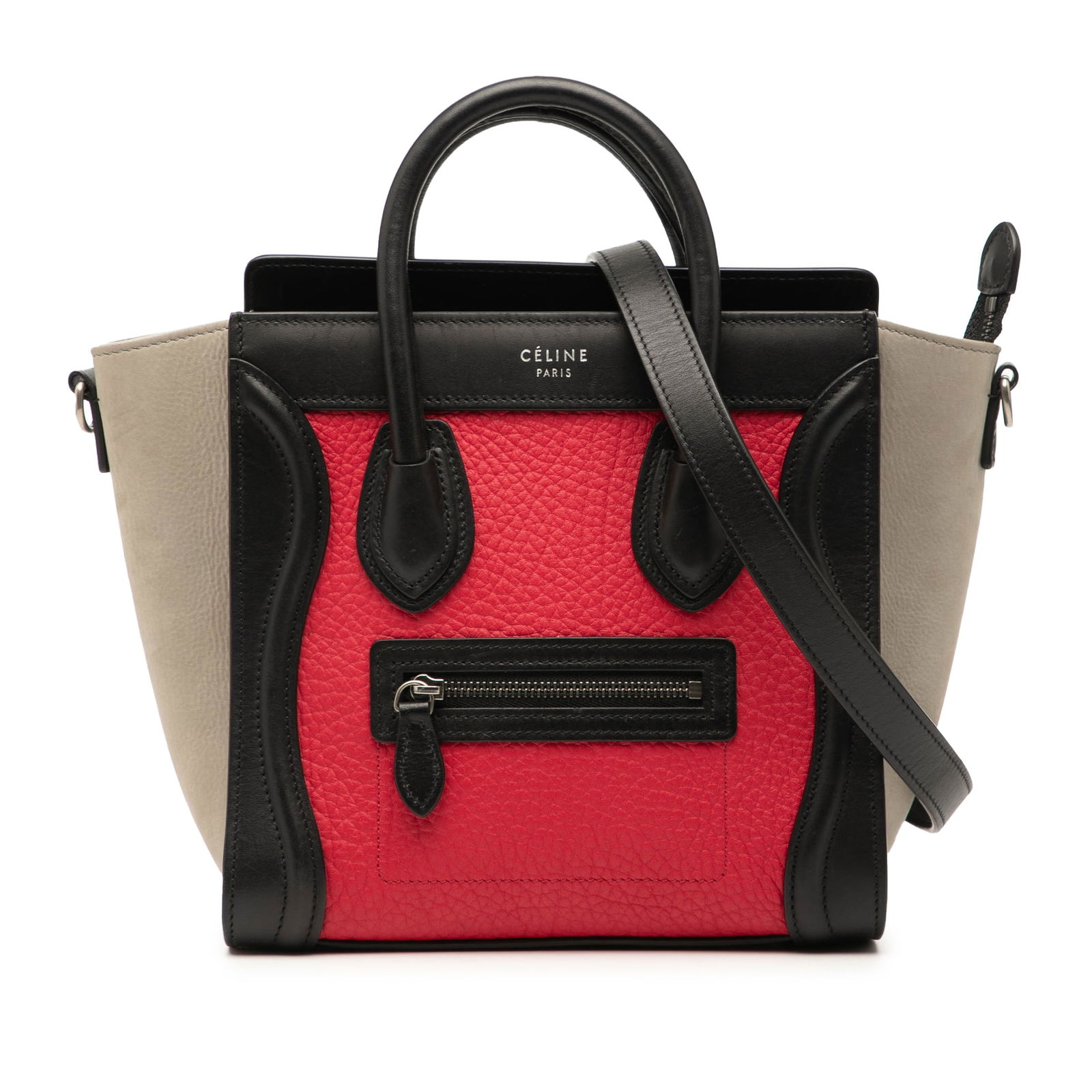 Celine Nano Luggage Tote in Tricolor Nubuck and Calfskin Leather: Celine Nano Luggage Tote in Tricolor Nubuck and Calfskin Leather This Celine Nano Tricolor Luggage Tote is crafted from a combination of calfskin and nubuck leather, featuring rolled leather handles a