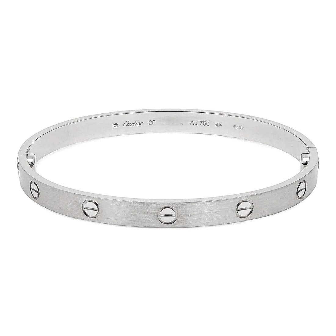 18K White Gold Cartier Love Bangle Bracelet Brushed Finish Size 20 with Box: 18K White Gold Cartier Love Bangle Bracelet Brushed Finish Size 20 with Box This Cartier Love bracelet is crafted from 18k white gold in the brushed classic model. Designed as a bangle, it features a