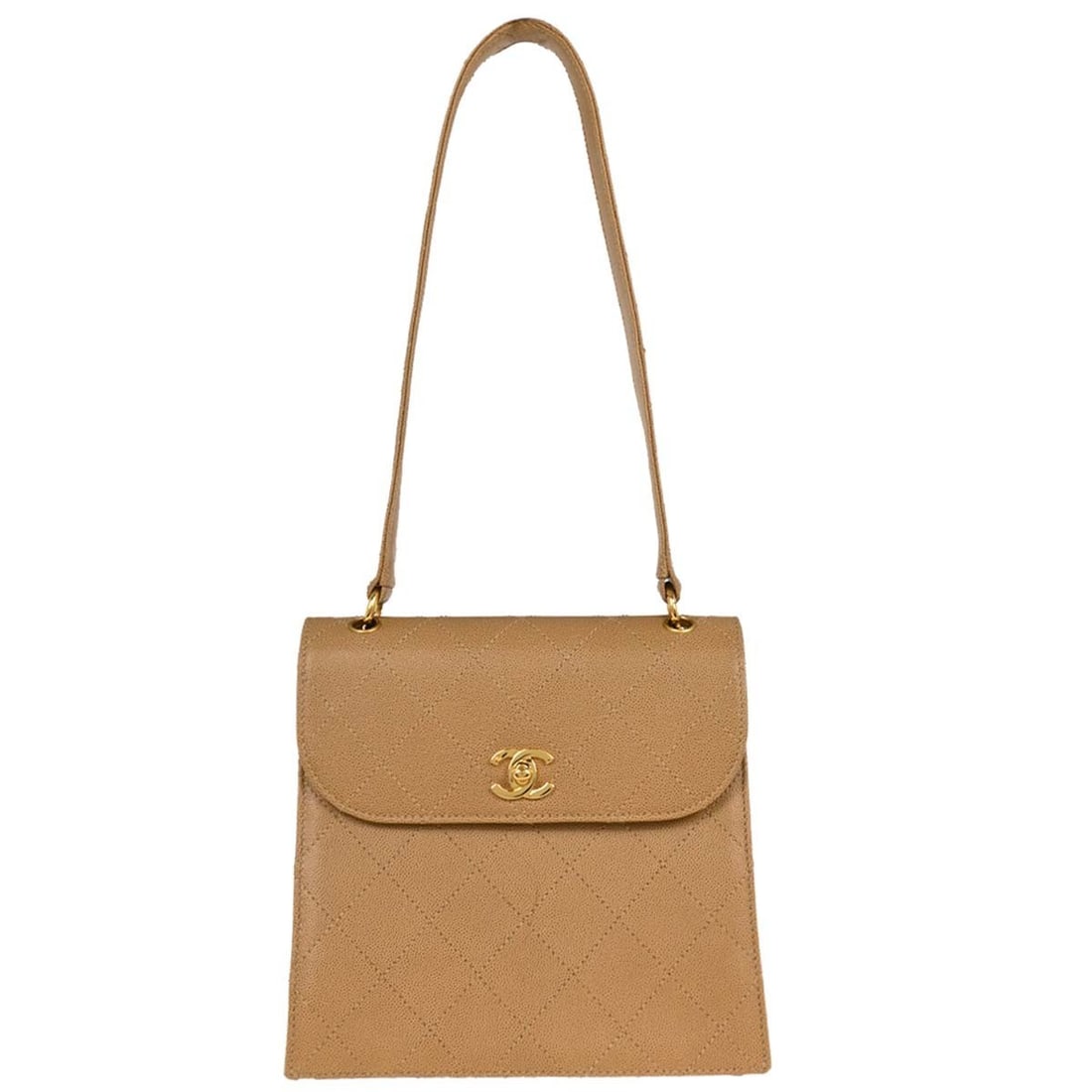 Chanel Quilted Caviar Leather Vintage Top Handle Flap Bag Beige: Chanel Quilted Caviar Leather Vintage Top Handle Flap Bag Beige This vintage Chanel Top Handle Flap Bag features beige quilted caviar leather with a classic flap design, crafted for women. The bag is