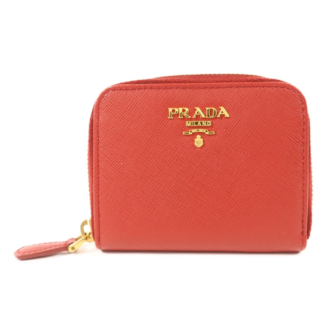 Red Saffiano Leather Coin Purse Prada 1M0268 with Gold Hardware: Red Saffiano Leather Coin Purse Prada 1M0268 with Gold Hardware This Prada zip coin case is crafted from red Saffiano calfskin leather and features gold-tone hardware. Made in Italy, it offers a compa