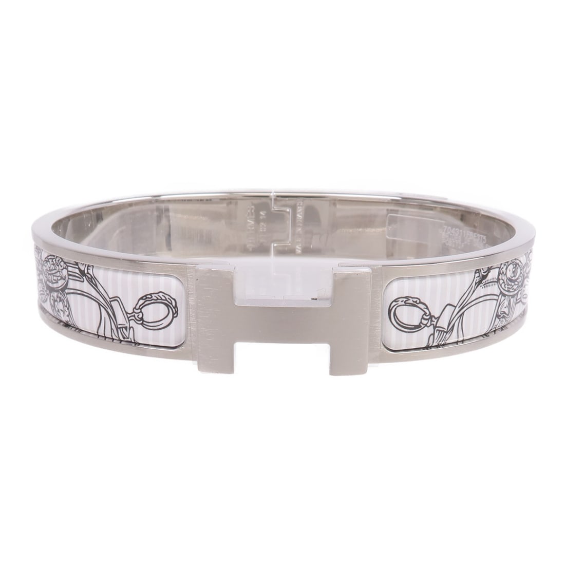 Clic H White and Silver Enamel Bracelet by Hermes: Clic H White and Silver Enamel Bracelet by Hermes This Hermes Clic H bracelet features a white enamel design with silver-tone metal accents. The bracelet is crafted in France and is in very good condi