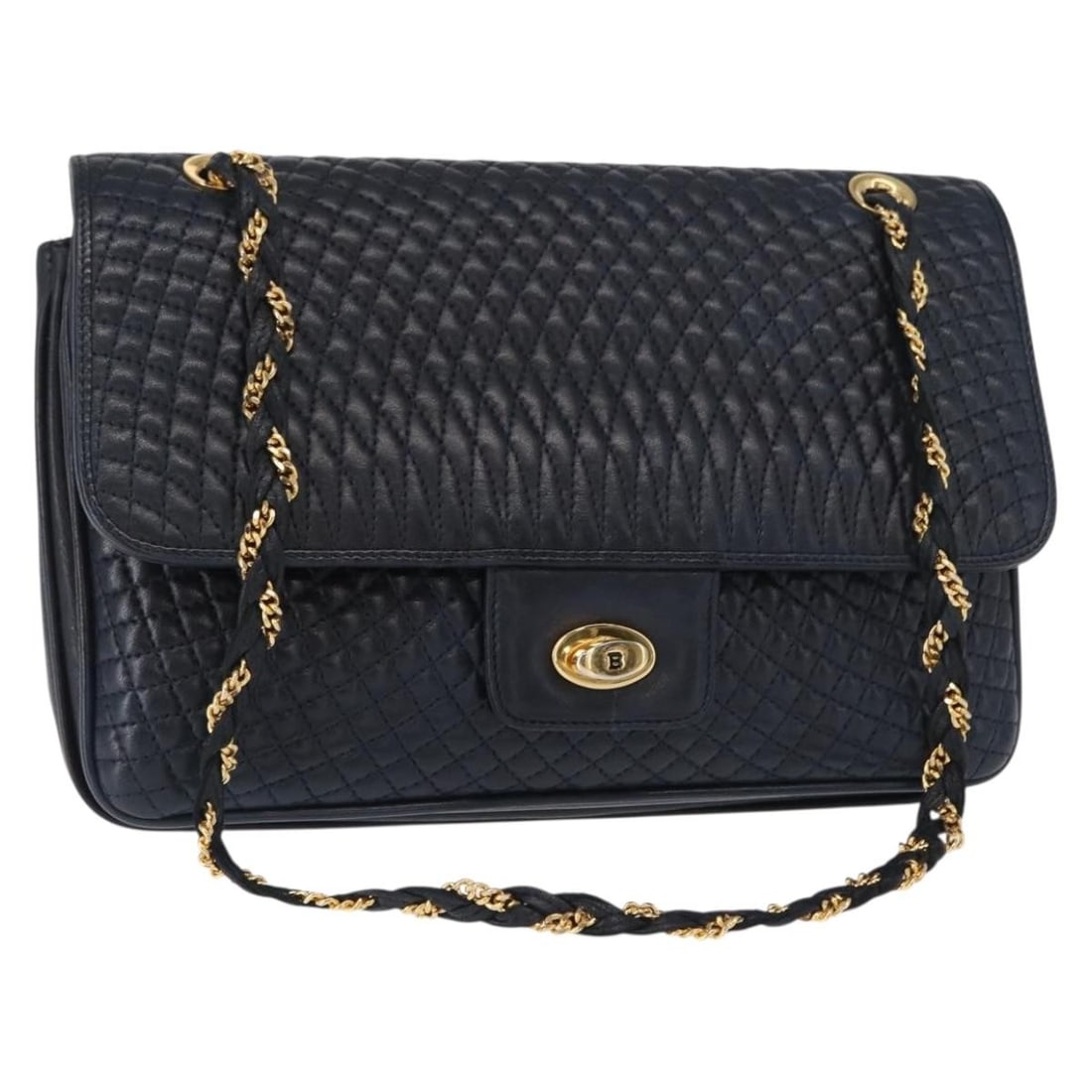 Navy Leather Shoulder Bag by Bally Vintage Model 26cm by 18cm by 4cm: Navy Leather Shoulder Bag by Bally Vintage Model 26cm by 18cm by 4cm This vintage Bally shoulder bag for women features navy leather construction with a compact rectangular shape. It shows visible sig