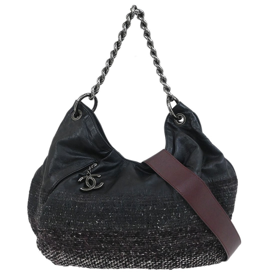 Chanel Coco Pleats Hobo Bag in Black Leather and Tweed: Chanel Coco Pleats Hobo Bag in Black Leather and Tweed This Chanel Coco Pleats Hobo bag features a combination of leather and tweed materials in a classic black color. Designed for women, it offers a