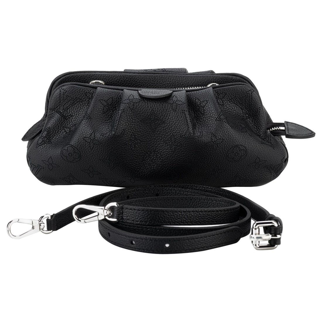Louis Vuitton Black Mahina Calf Leather 2 Way Bag with Dust Cover: Louis Vuitton Black Mahina Calf Leather 2 Way Bag with Dust Cover Discover the elegance of this Louis Vuitton 2 Way Perforated Bag, a versatile accessory crafted from luxurious soft Mahina Calf leathe