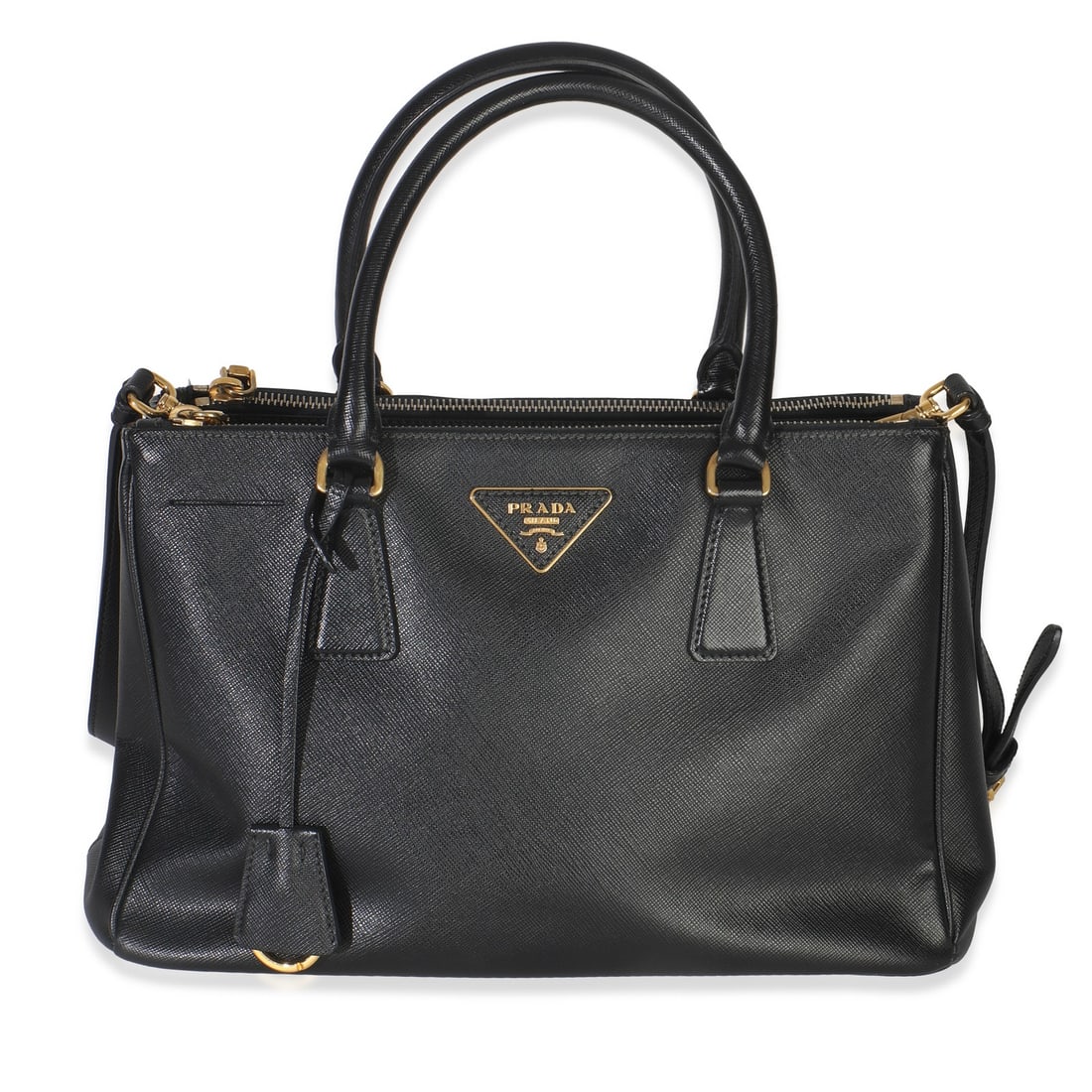 Prada Galleria Small Black Saffiano Leather Tote with Double Zip: Prada Galleria Small Black Saffiano Leather Tote with Double Zip This Prada Galleria Small Tote is crafted from black Saffiano leather and features gold-tone hardware. It offers a double zip compartme