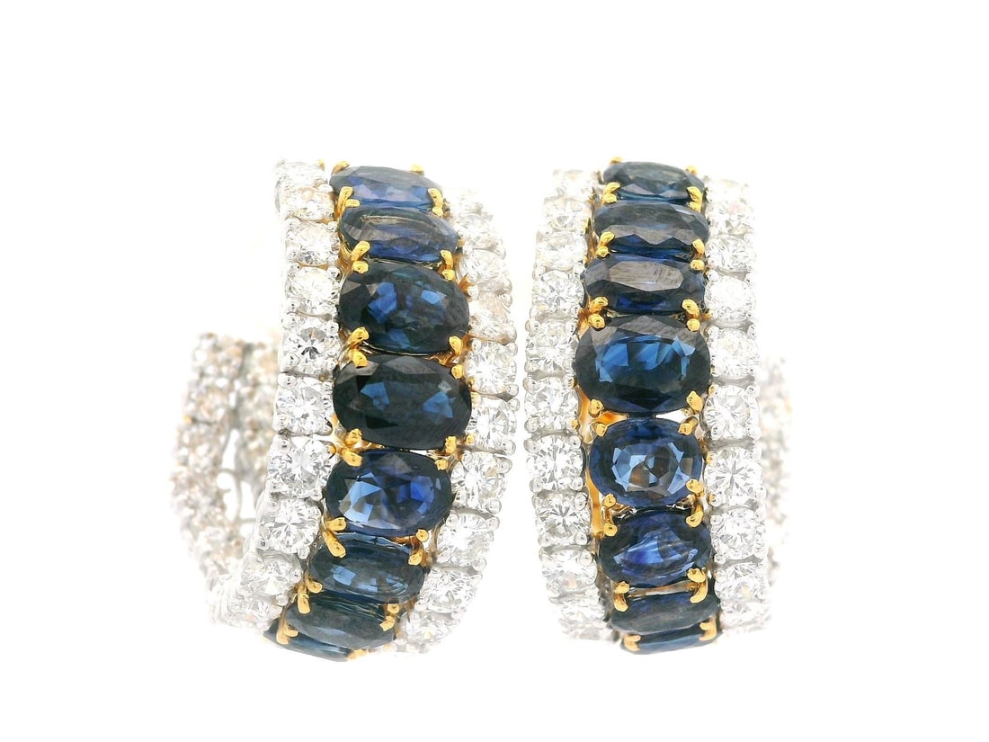 18k Gold 11.95ctw Sapphire Diamond Cuff Earrings Clip-On: 18k Gold 11.95ctw Sapphire Diamond Cuff Earrings Clip-On Elevate your style with these exquisite 18k Gold Cuff Earrings, featuring a stunning combination of natural sapphires and diamonds. Crafted in