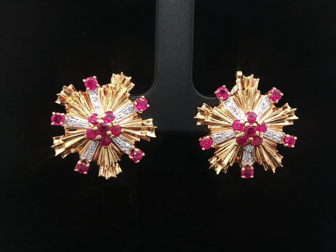 Vintage Tiffany & Co. 18k Gold Ruby Diamond Cluster Earrings (1 of 10)