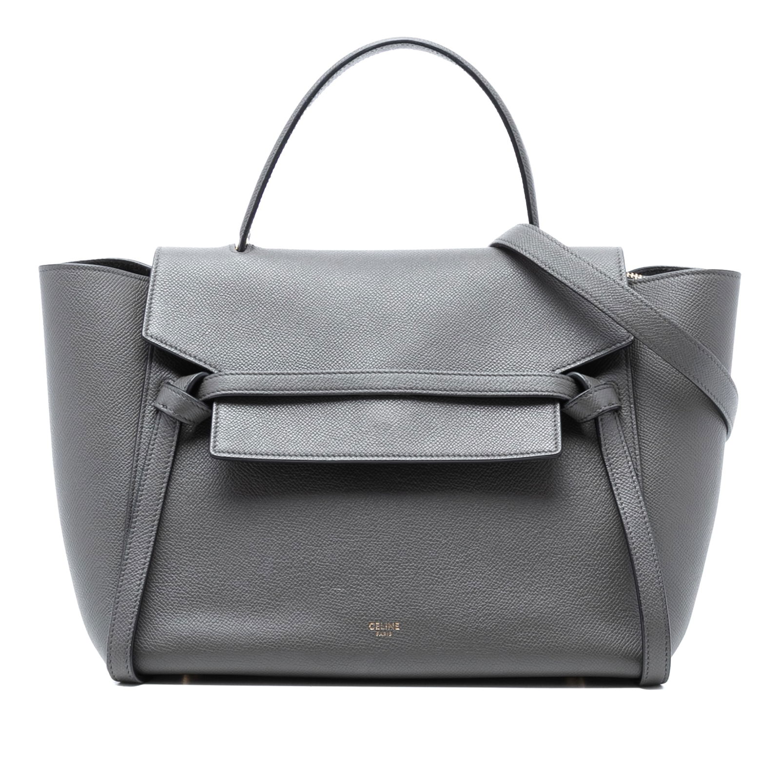 Celine Mini Belt Bag in Grained Calfskin Leather Gray: Celine Mini Belt Bag in Grained Calfskin Leather Gray This Celine Mini Grained Calfskin Belt Bag is crafted from gray leather and features a flat leather top handle, a detachable flat leather strap, a