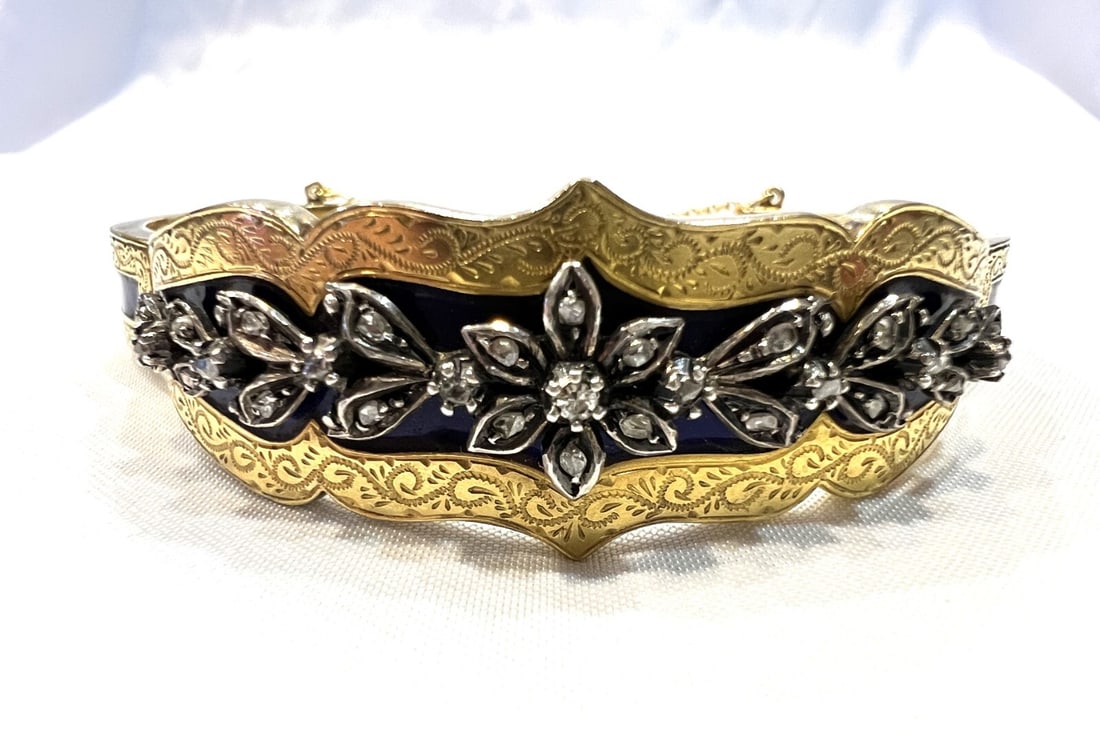 19th Century Victorian 22K Gold Enamel Diamond Bangle Bracelet: 19th Century Victorian 22K Gold Enamel Diamond Bangle Bracelet This exquisite 19th century Victorian bracelet exemplifies the craftsmanship of Portuguese goldsmiths. Made from 22K gold, it features in