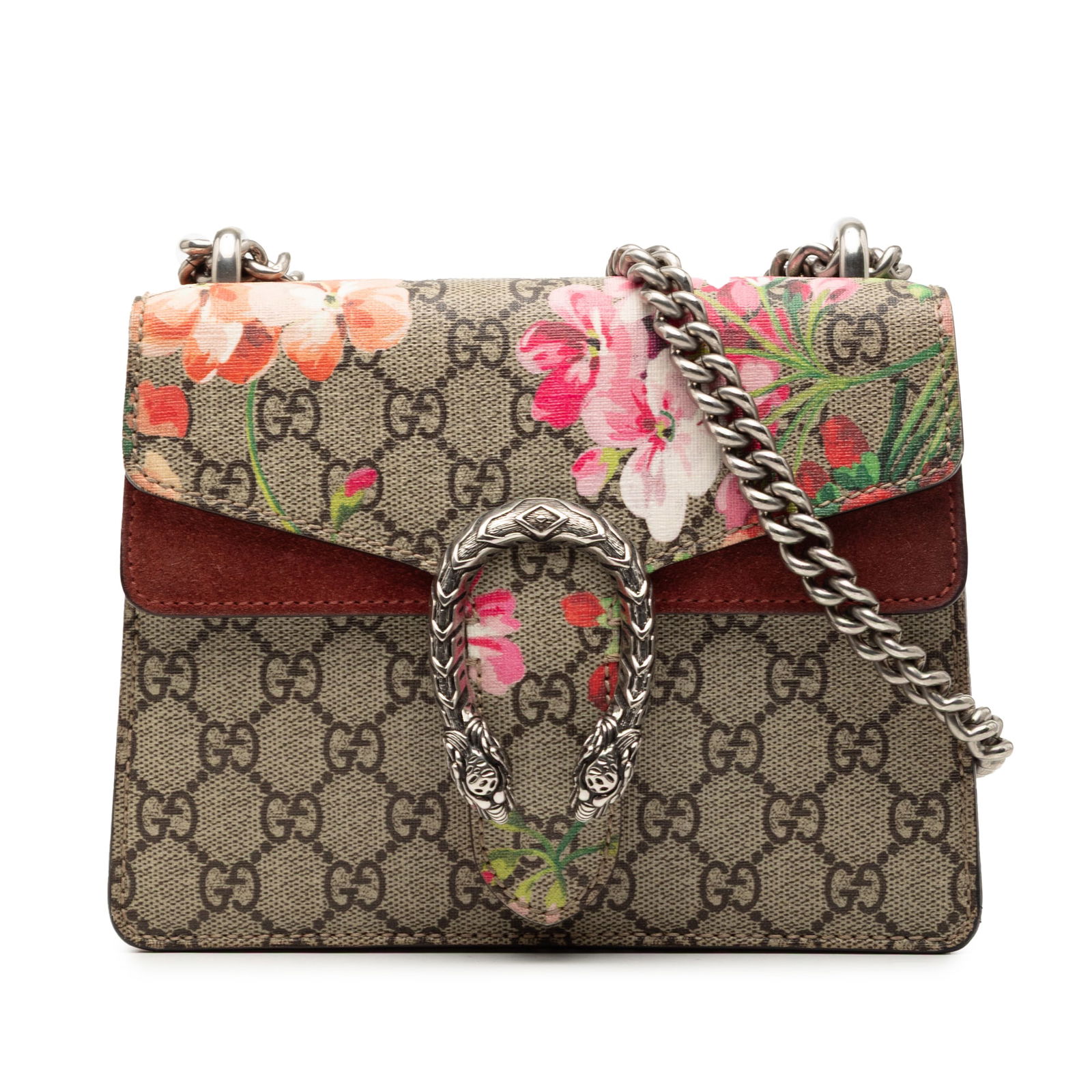Gucci Dionysus Small Blooms GG Supreme Canvas Chain Crossbody Bag: Gucci Dionysus Small Blooms GG Supreme Canvas Chain Crossbody Bag This Gucci Small GG Supreme Blooms Dionysus Crossbody features a printed coated canvas exterior with suede leather trim. It is designe